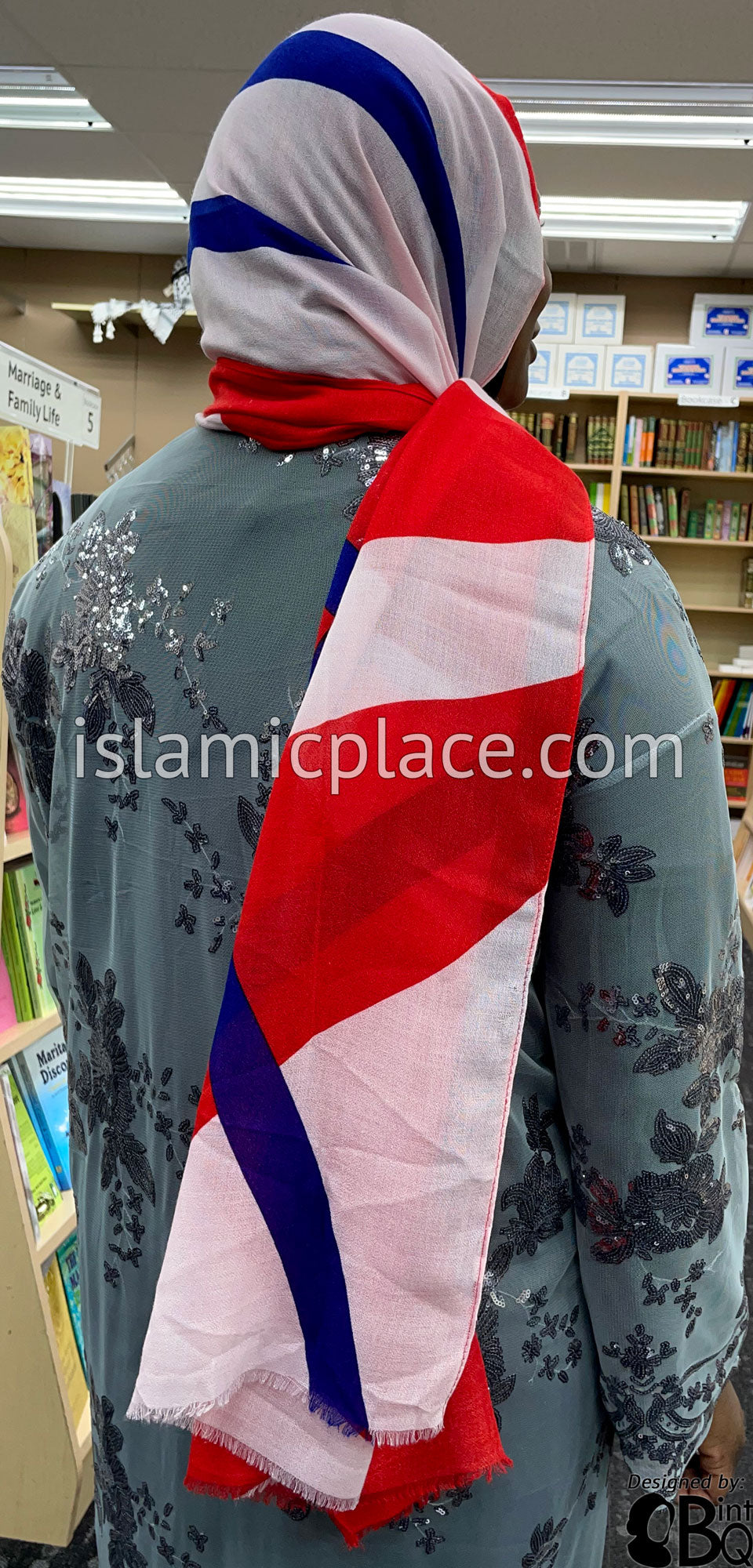 Royal Blue Crossing Lines on Red and White Base - Soft Viscose Printed Shayla Long Rectangle Hijab 34&quot;x72&quot;