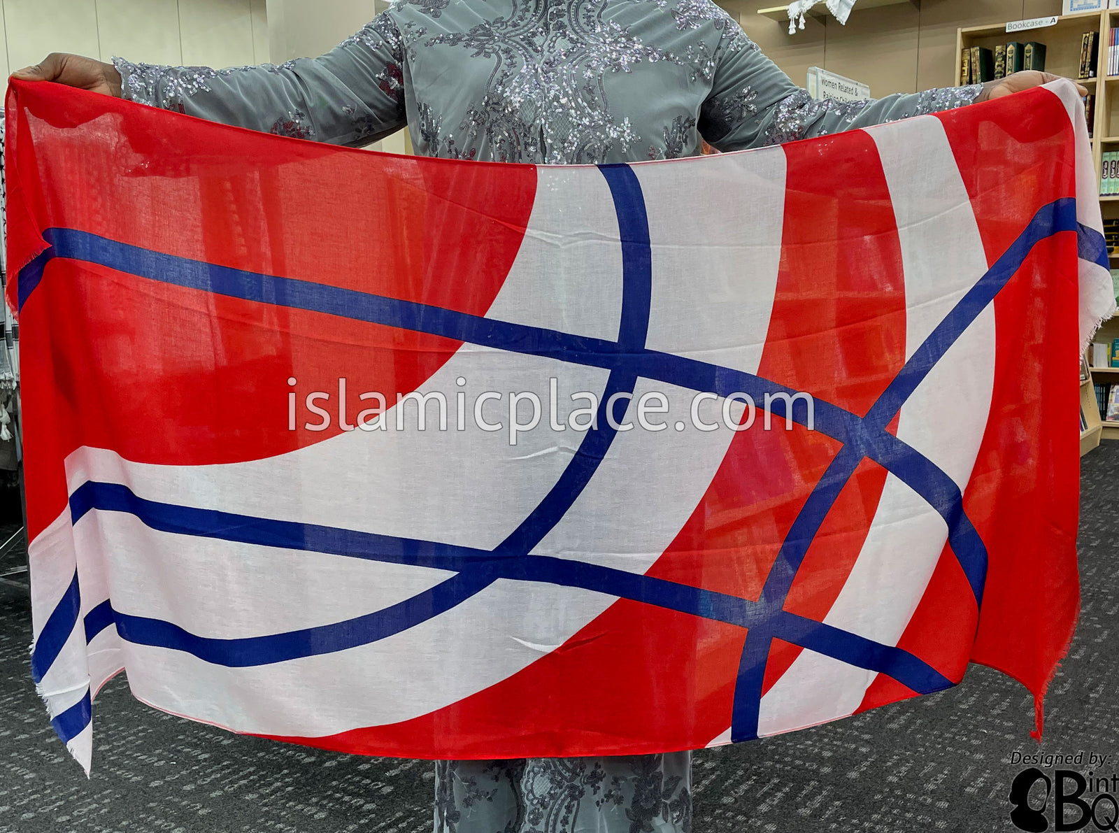 Royal Blue Crossing Lines on Red and White Base - Soft Viscose Printed Shayla Long Rectangle Hijab 34"x72"