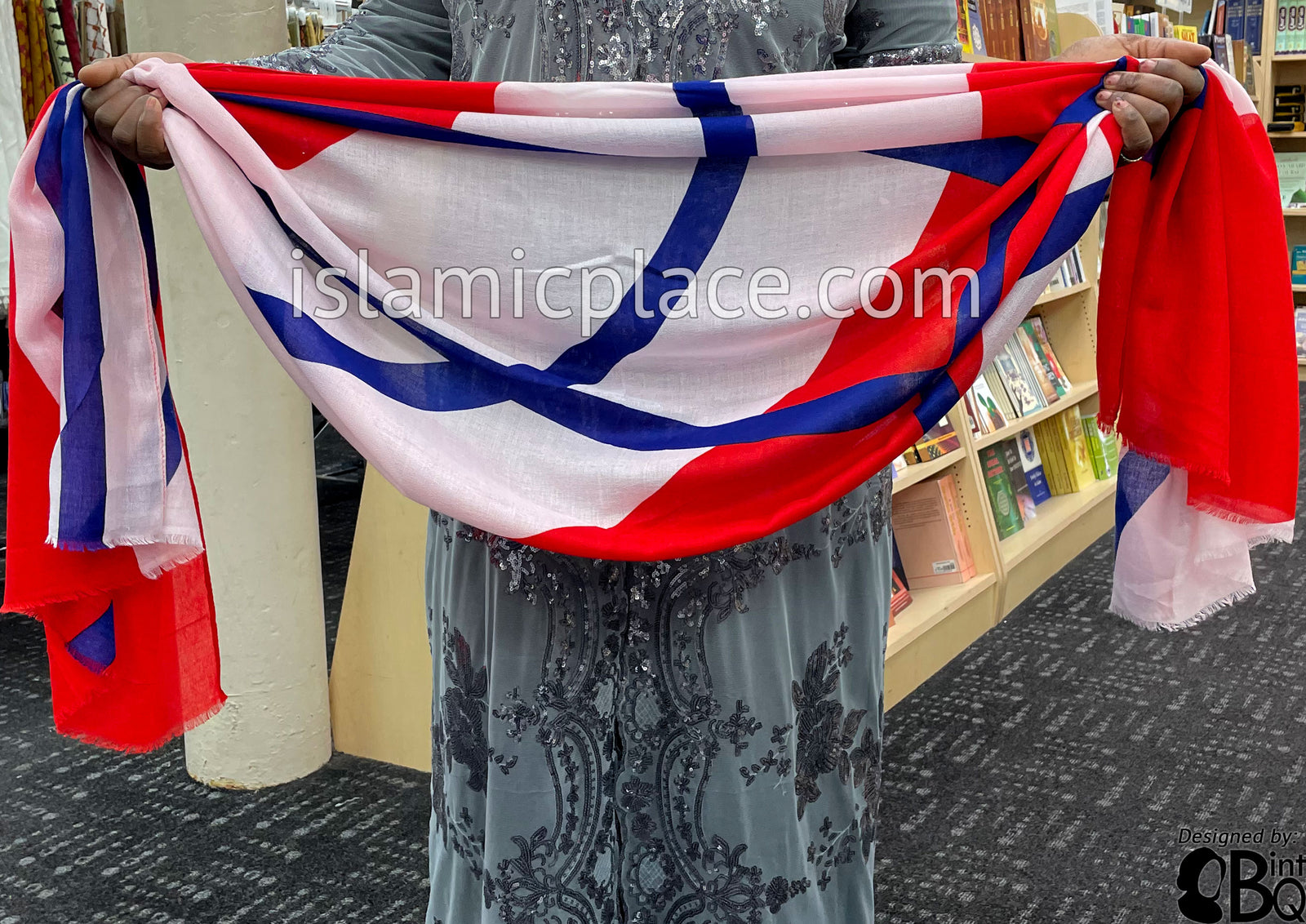 Royal Blue Crossing Lines on Red and White Base - Soft Viscose Printed Shayla Long Rectangle Hijab 34"x72"