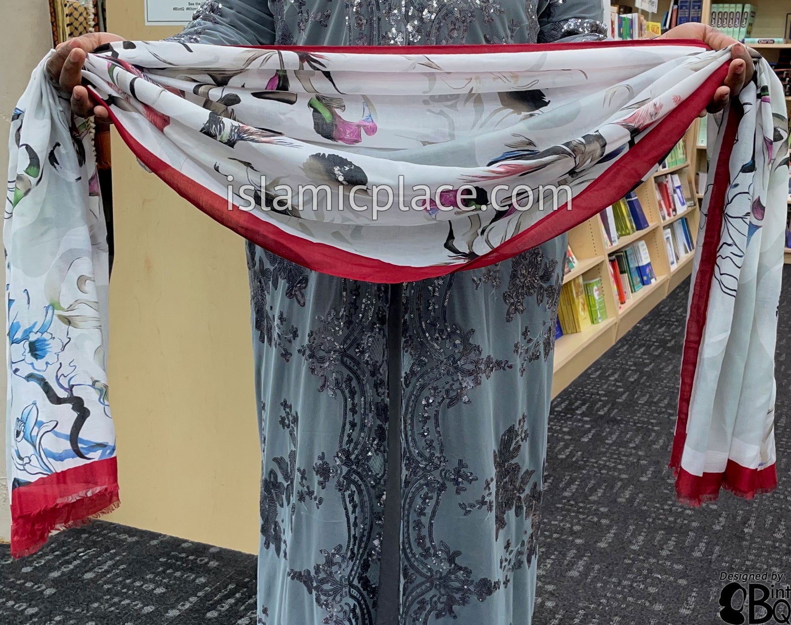 Burgundy, Pink, Green and Black Japanese Floral Garden - Soft Viscose Printed Shayla Long Rectangle Hijab 34"x72"