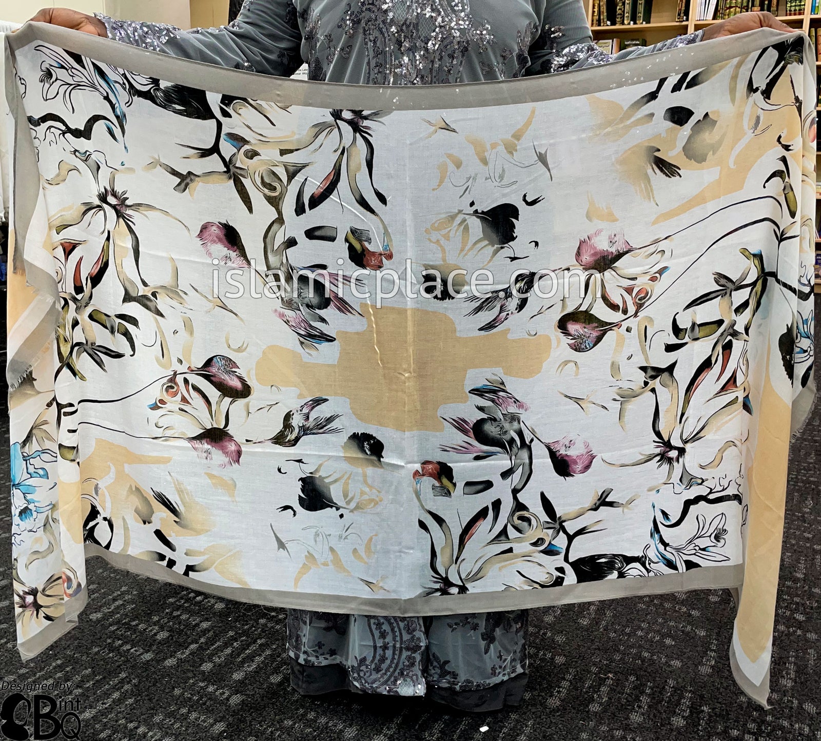 Gray, Peach, Aqua Blue, Clay Red and Black Japanese Floral Garden - Soft Viscose Printed Shayla Long Rectangle Hijab 34"x72"