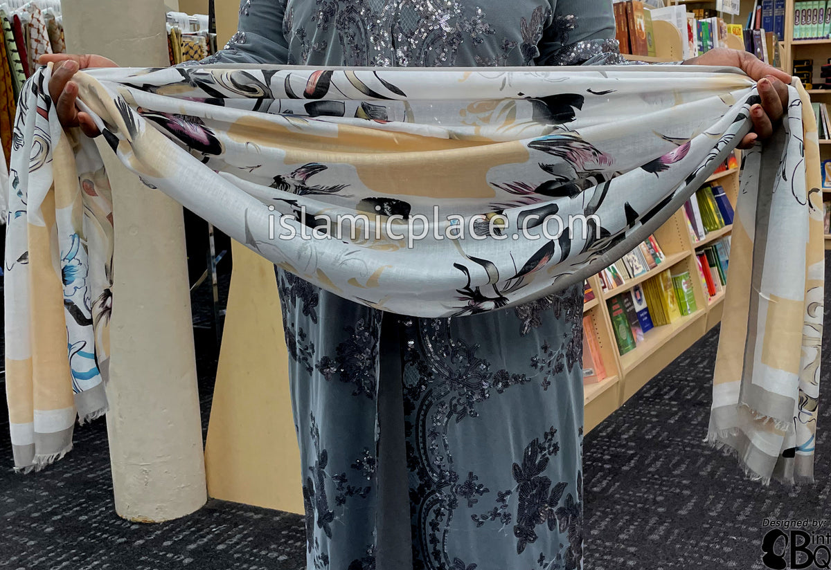 Gray, Peach, Aqua Blue, Clay Red and Black Japanese Floral Garden - Soft Viscose Printed Shayla Long Rectangle Hijab 34"x72"