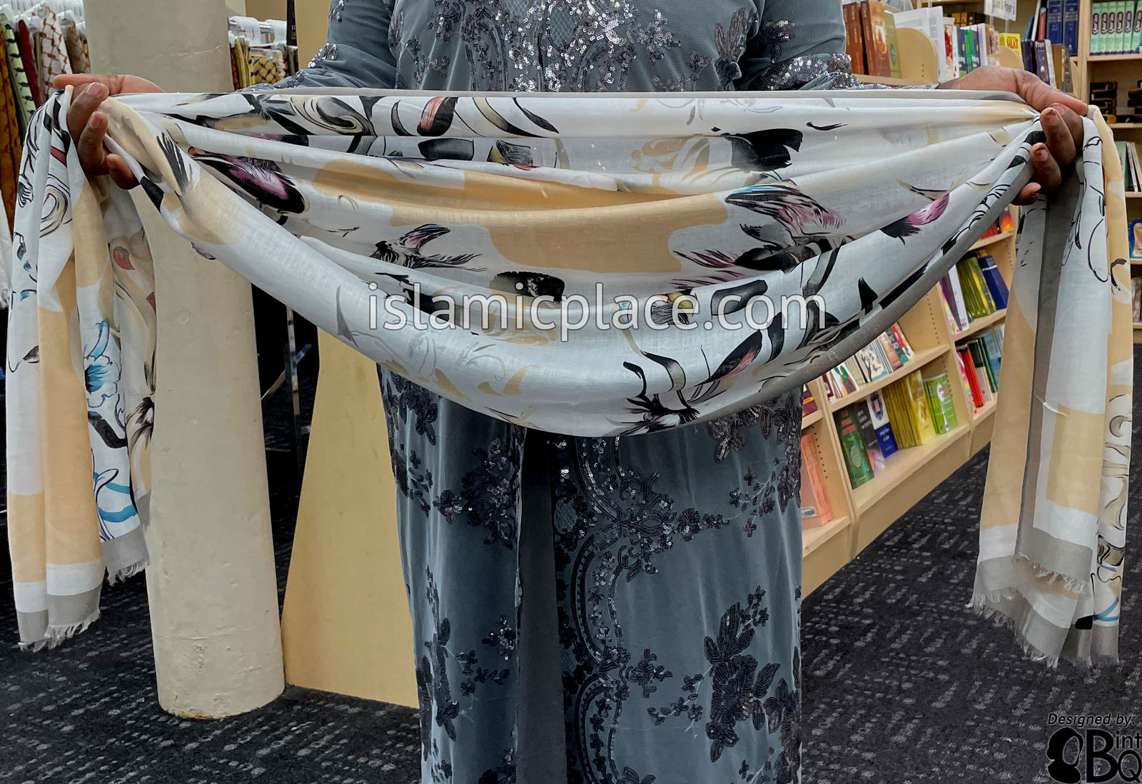 Gray, Peach, Aqua Blue, Clay Red and Black Japanese Floral Garden - Soft Viscose Printed Shayla Long Rectangle Hijab 34"x72"