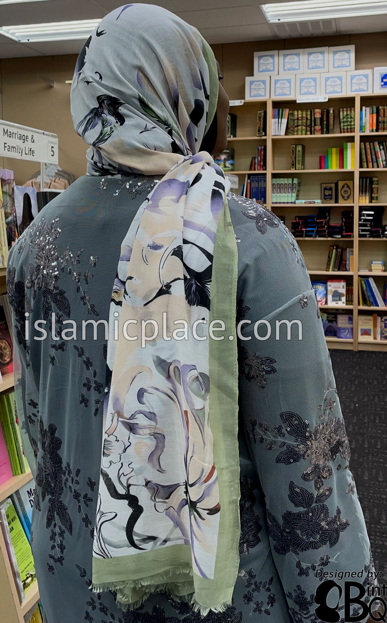 Mint Green, Warm Ivory, Lilac, Clay Red and Black Japanese Floral Garden - Soft Viscose Printed Shayla Long Rectangle Hijab 34"x72"