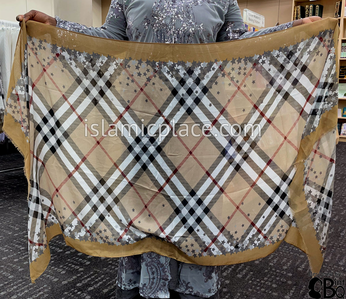 Dark tan, Burgundy, Gray, Black and White Plaid with Star Border - Soft Viscose Printed Shayla Long Rectangle Hijab 34"x72"