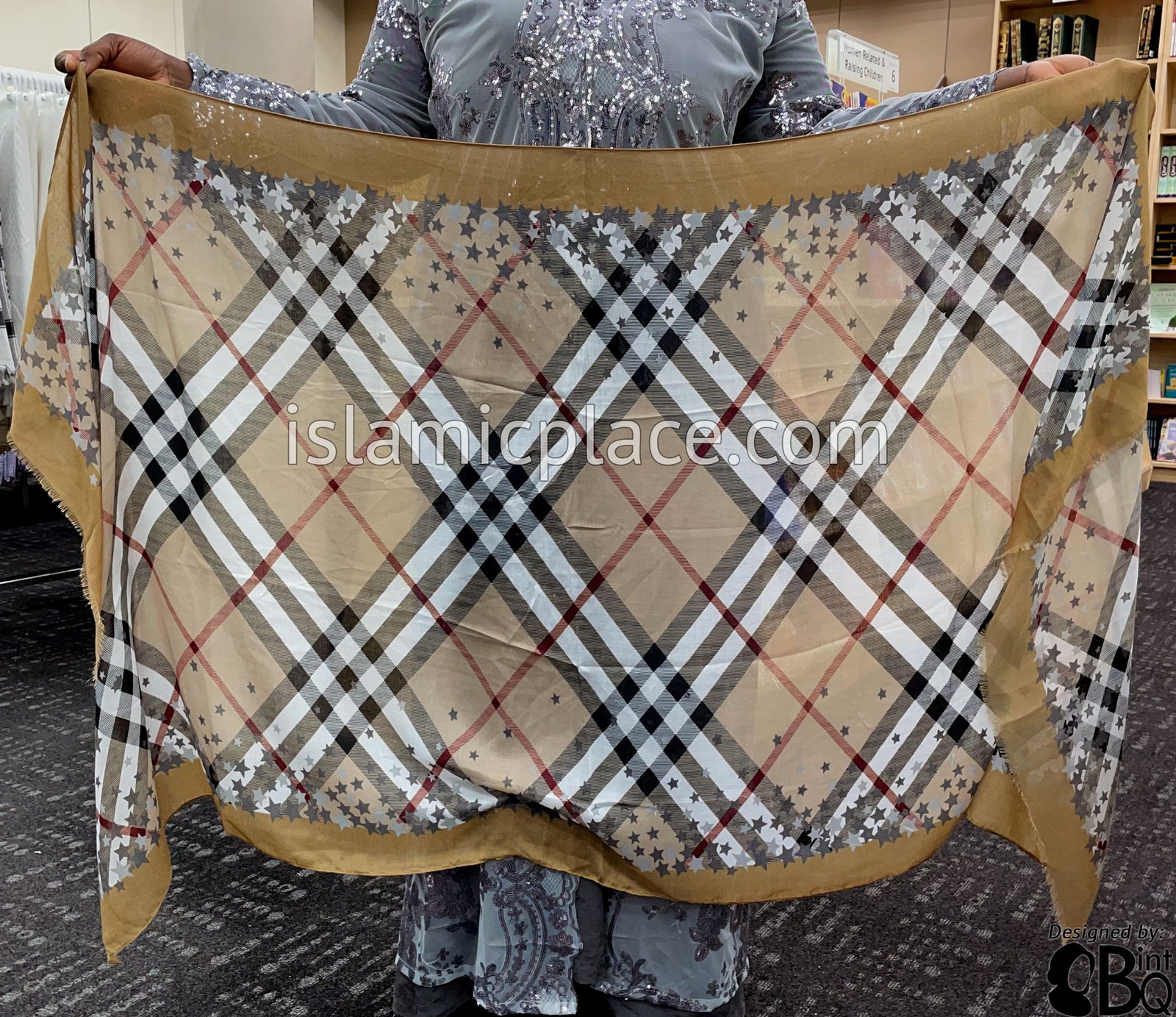 Dark tan, Burgundy, Gray, Black and White Plaid with Star Border - Soft Viscose Printed Shayla Long Rectangle Hijab 34"x72"