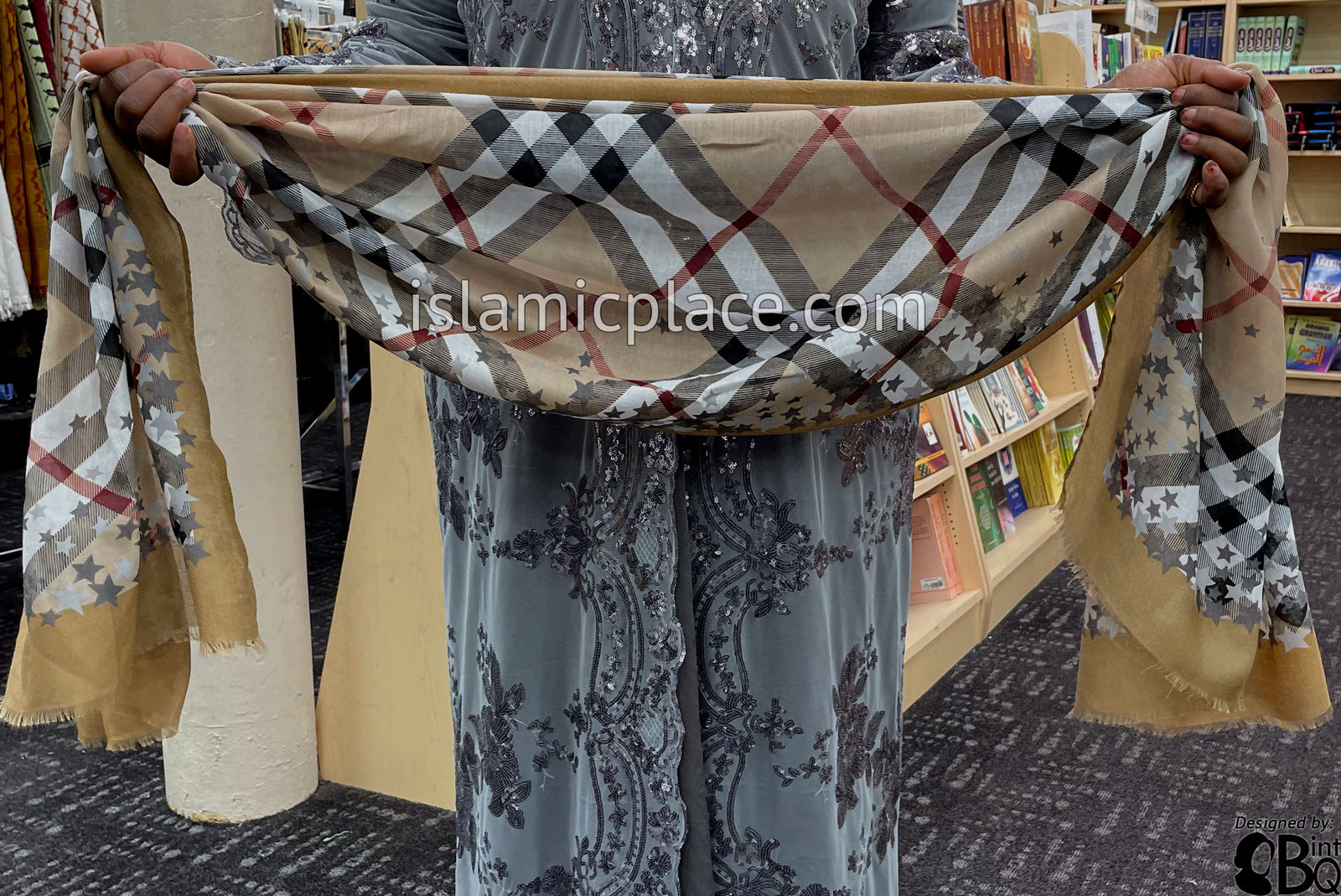 Dark tan, Burgundy, Gray, Black and White Plaid with Star Border - Soft Viscose Printed Shayla Long Rectangle Hijab 34"x72"