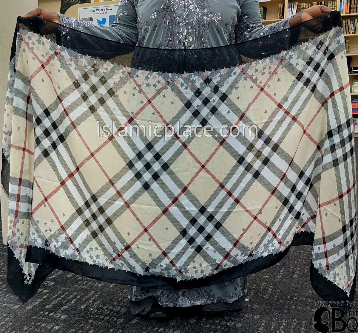 Black, Cream, Burgundy, Gray and White Plaid with Star Border - Soft Viscose Printed Shayla Long Rectangle Hijab 34"x72"