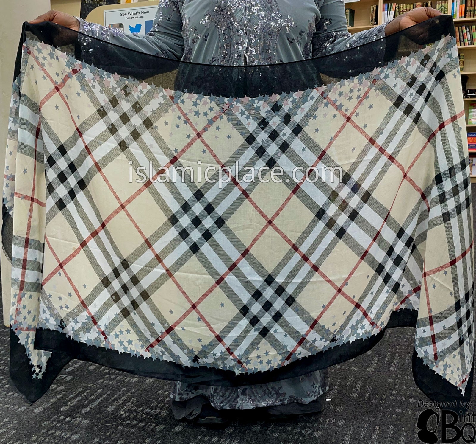 Black, Cream, Burgundy, Gray and White Plaid with Star Border - Soft Viscose Printed Shayla Long Rectangle Hijab 34"x72"