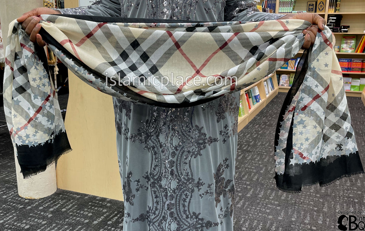 Black, Cream, Burgundy, Gray and White Plaid with Star Border - Soft Viscose Printed Shayla Long Rectangle Hijab 34"x72"