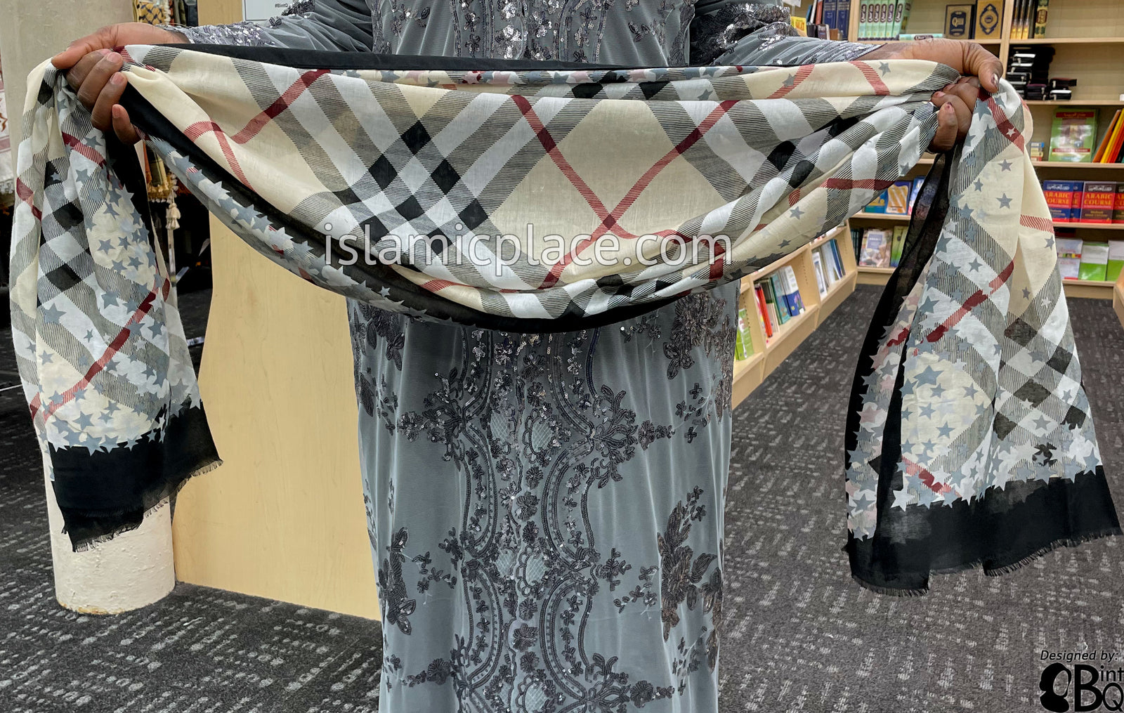 Black, Cream, Burgundy, Gray and White Plaid with Star Border - Soft Viscose Printed Shayla Long Rectangle Hijab 34"x72"