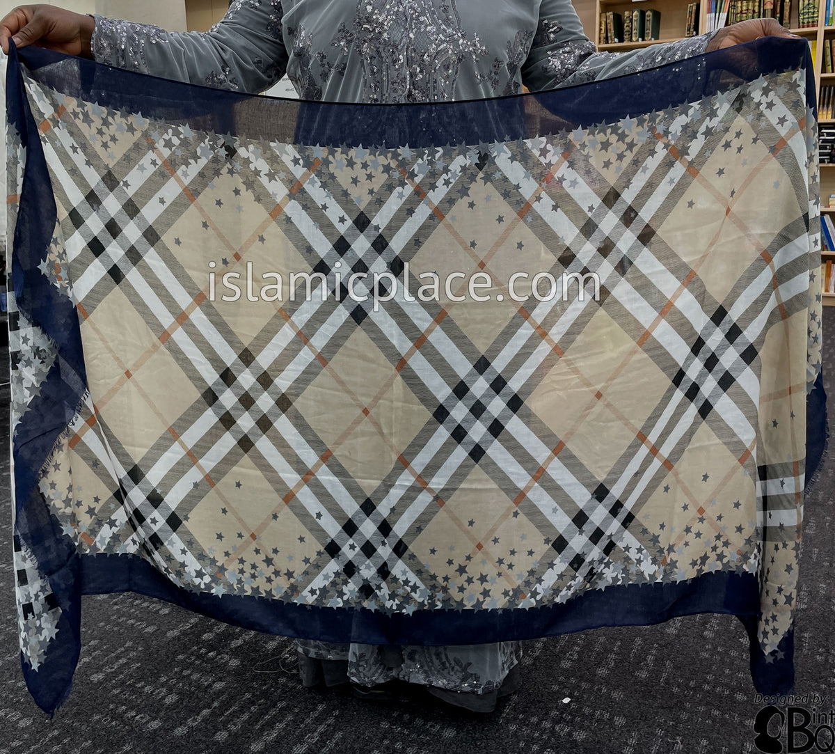 Navy Blue, Rust, Gray, Black and White Plaid with Star Border - Soft Viscose Printed Shayla Long Rectangle Hijab 34"x72"