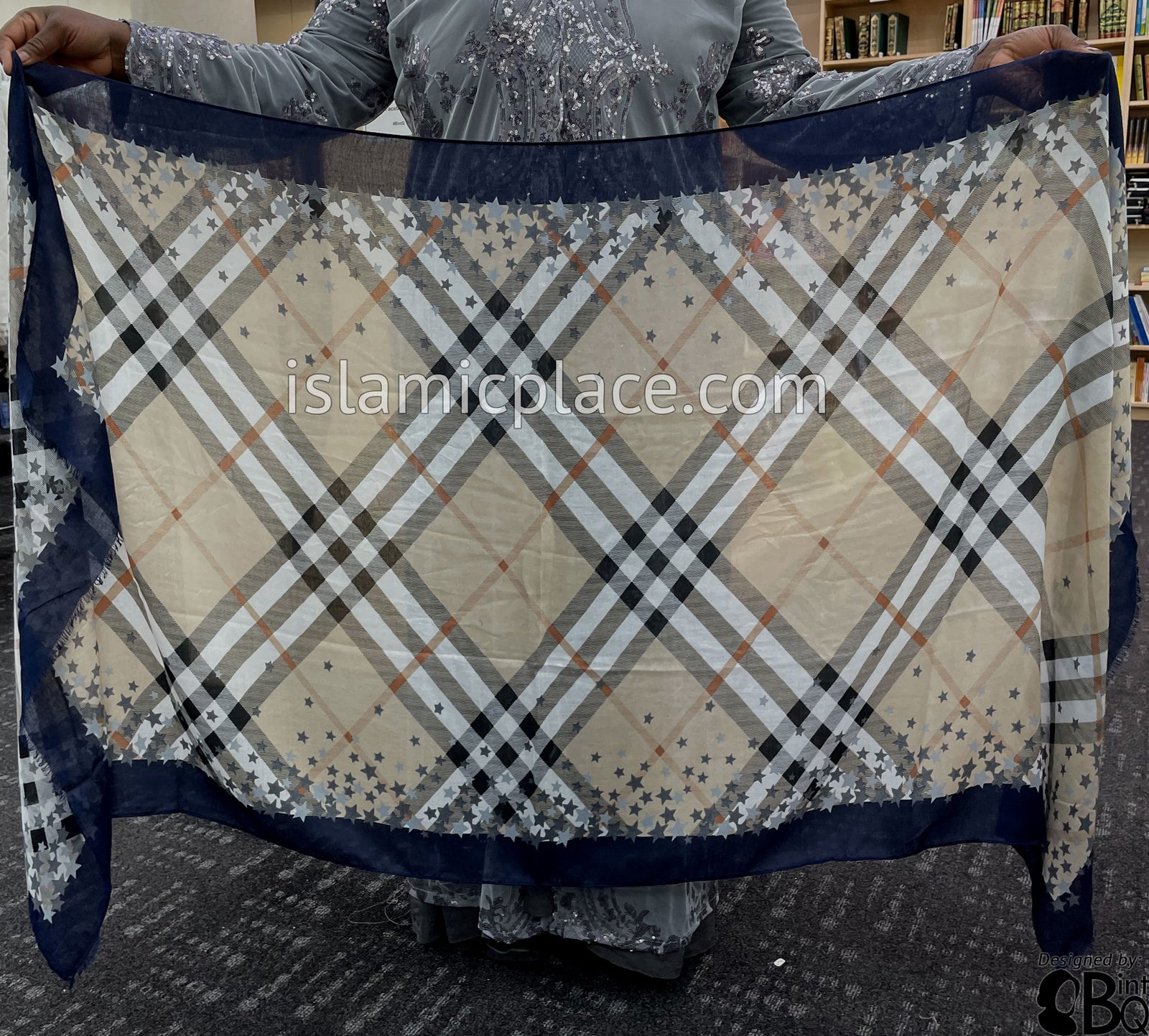 Navy Blue, Rust, Gray, Black and White Plaid with Star Border - Soft Viscose Printed Shayla Long Rectangle Hijab 34"x72"