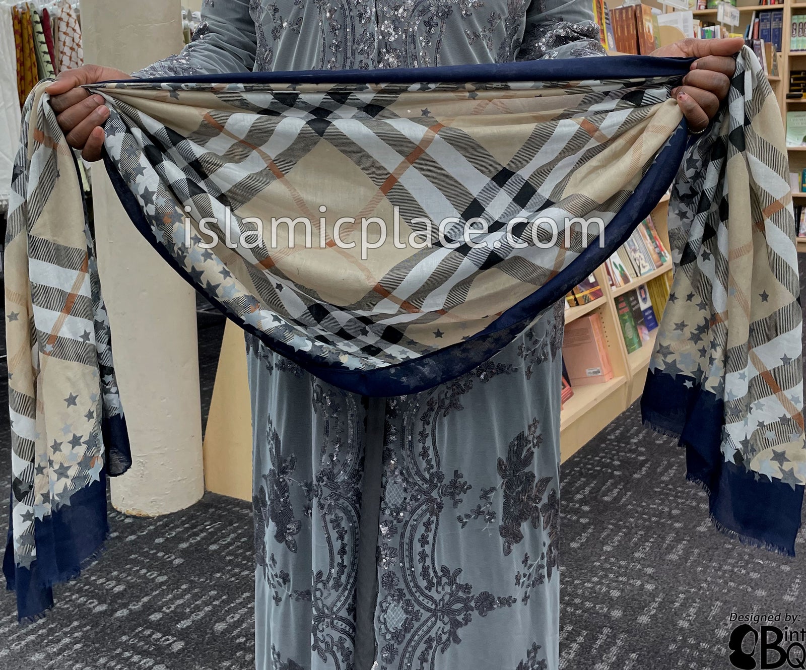 Navy Blue, Rust, Gray, Black and White Plaid with Star Border - Soft Viscose Printed Shayla Long Rectangle Hijab 34"x72"