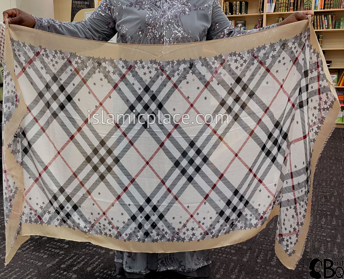 Chai, Burgundy, Gray, Black and White Plaid with Star Border - Soft Viscose Printed Shayla Long Rectangle Hijab 34"x72"