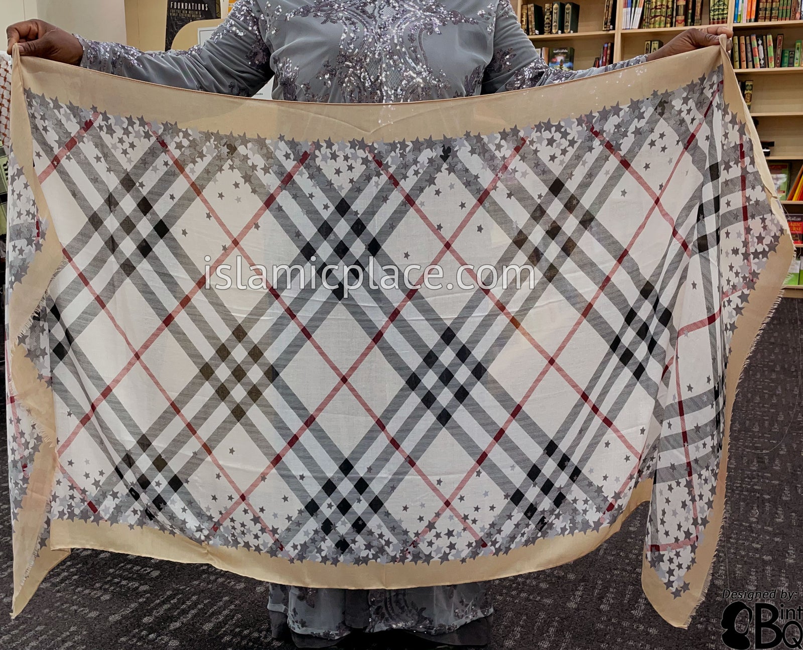 Chai, Burgundy, Gray, Black and White Plaid with Star Border - Soft Viscose Printed Shayla Long Rectangle Hijab 34"x72"