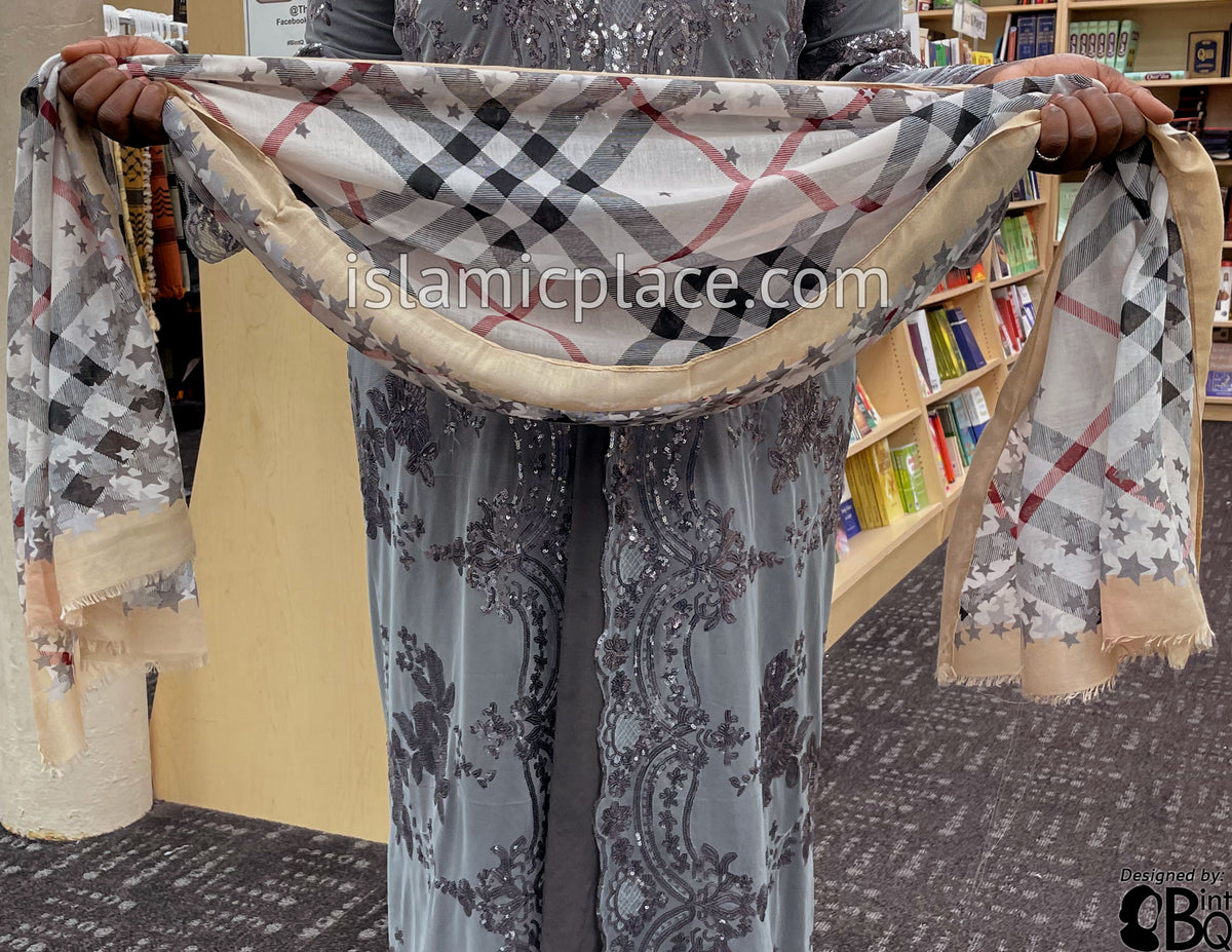 Chai, Burgundy, Gray, Black and White Plaid with Star Border - Soft Viscose Printed Shayla Long Rectangle Hijab 34"x72"