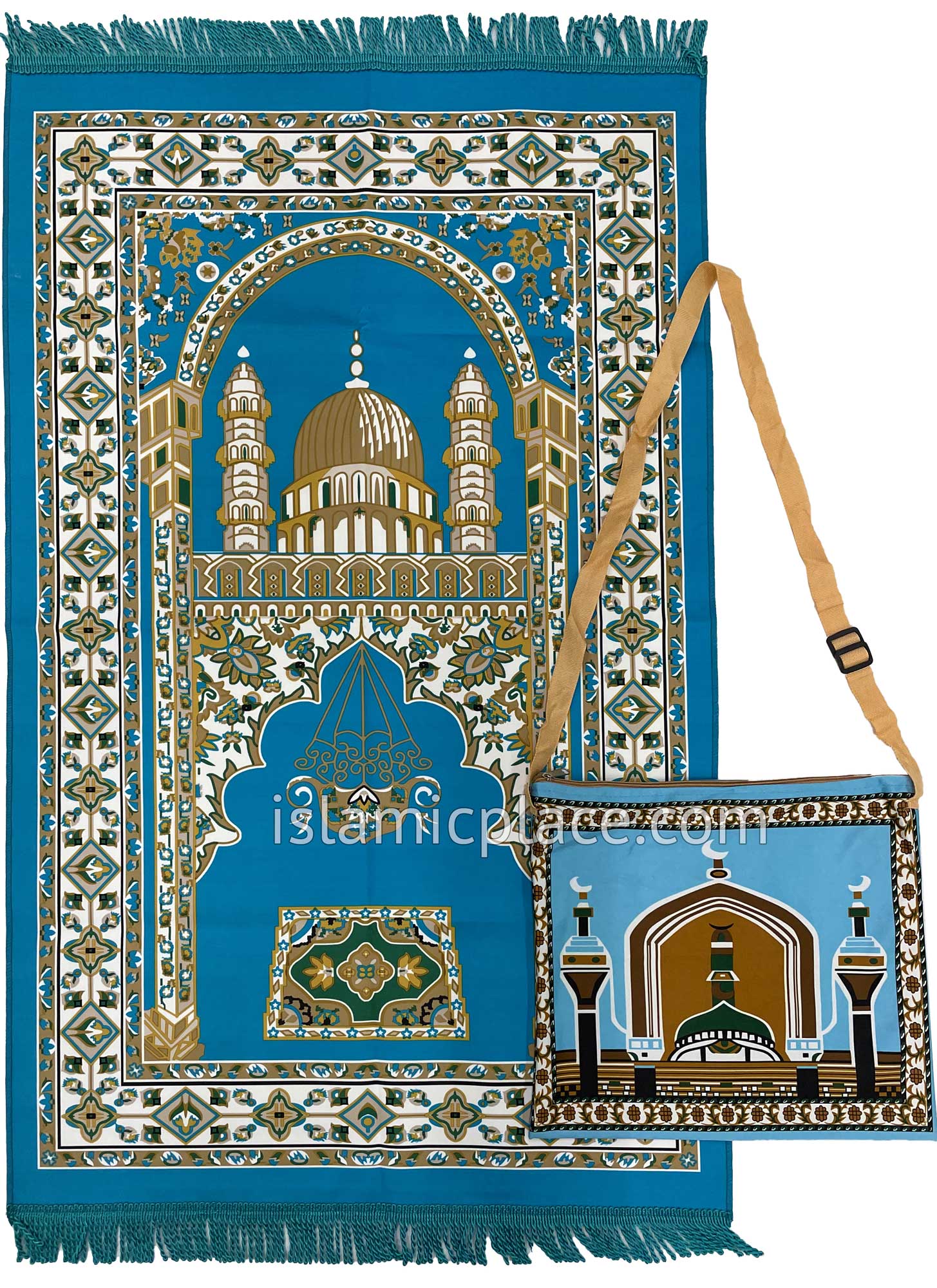 Sky Blue - Contemporary Masjid Design Prayer Rug with Matching Zipper Carrying Bag