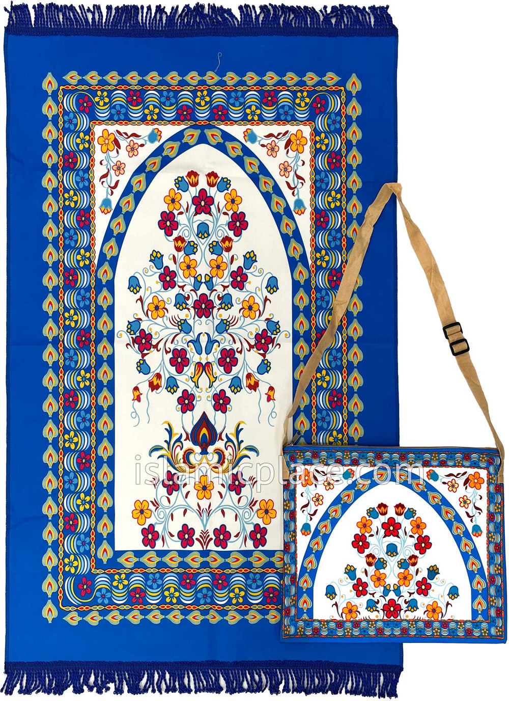 Royal Blue - Floral Mihrab Design Prayer Rug with Matching Zipper Carr ...