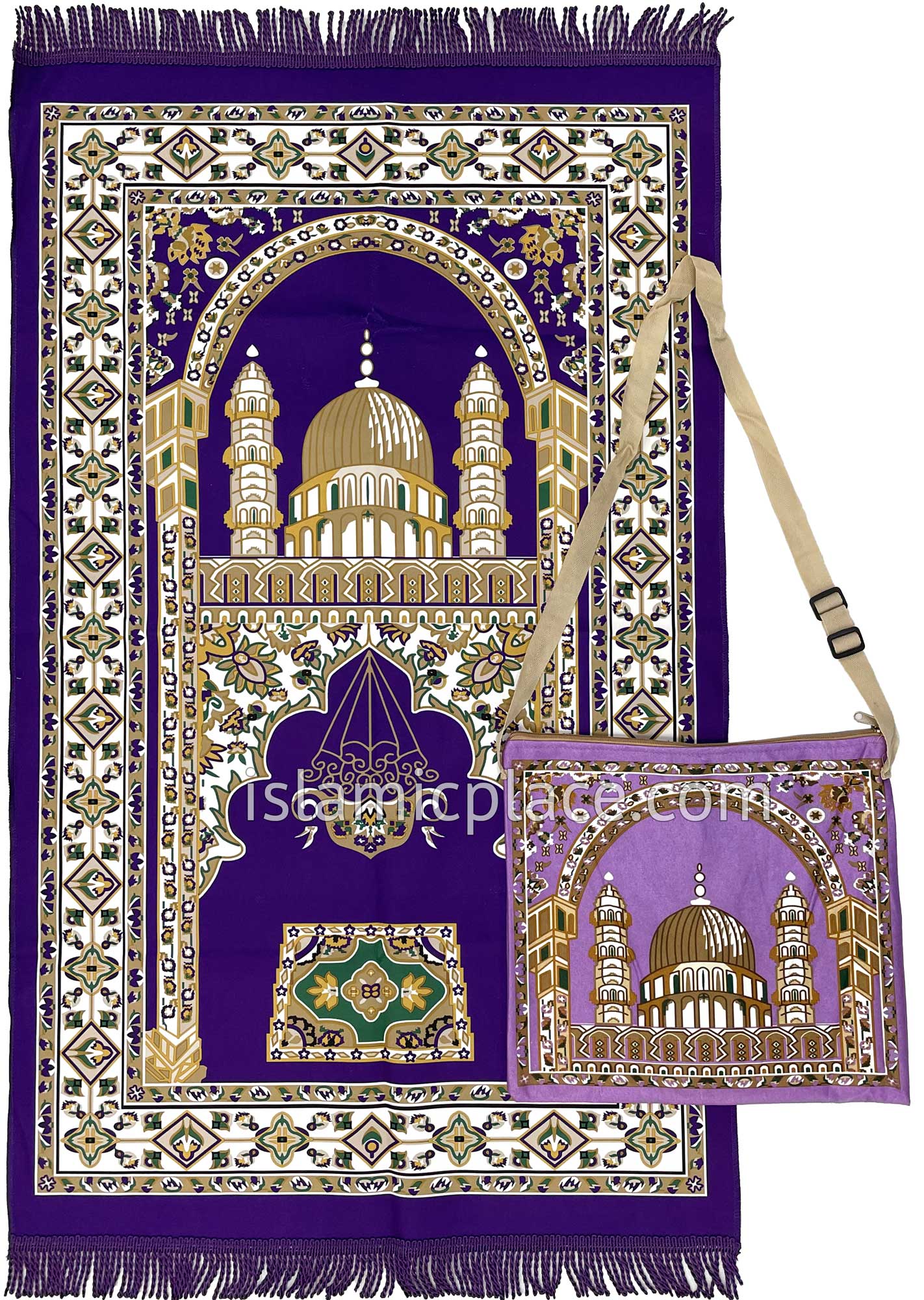 Purple - Mosque Sketch Design Prayer Rug with Matching Zipper Carrying Bag