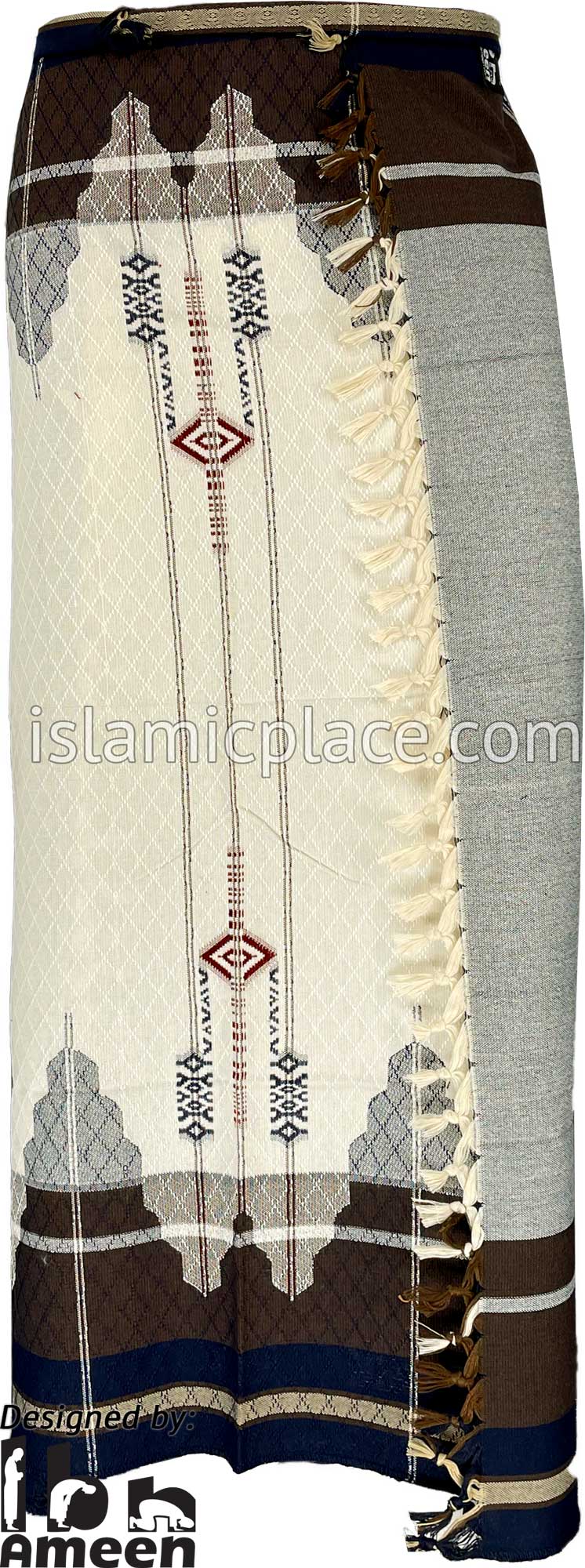 Cream and Brown - Mujahid Design Men Yemeni Lungi Izzar