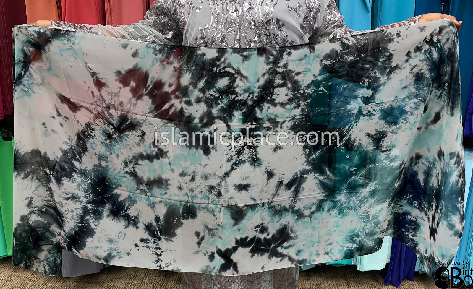 Teal Blue and Black - Tie Dye Georgette Shayla Long Rectangle Hijab 28"x70"