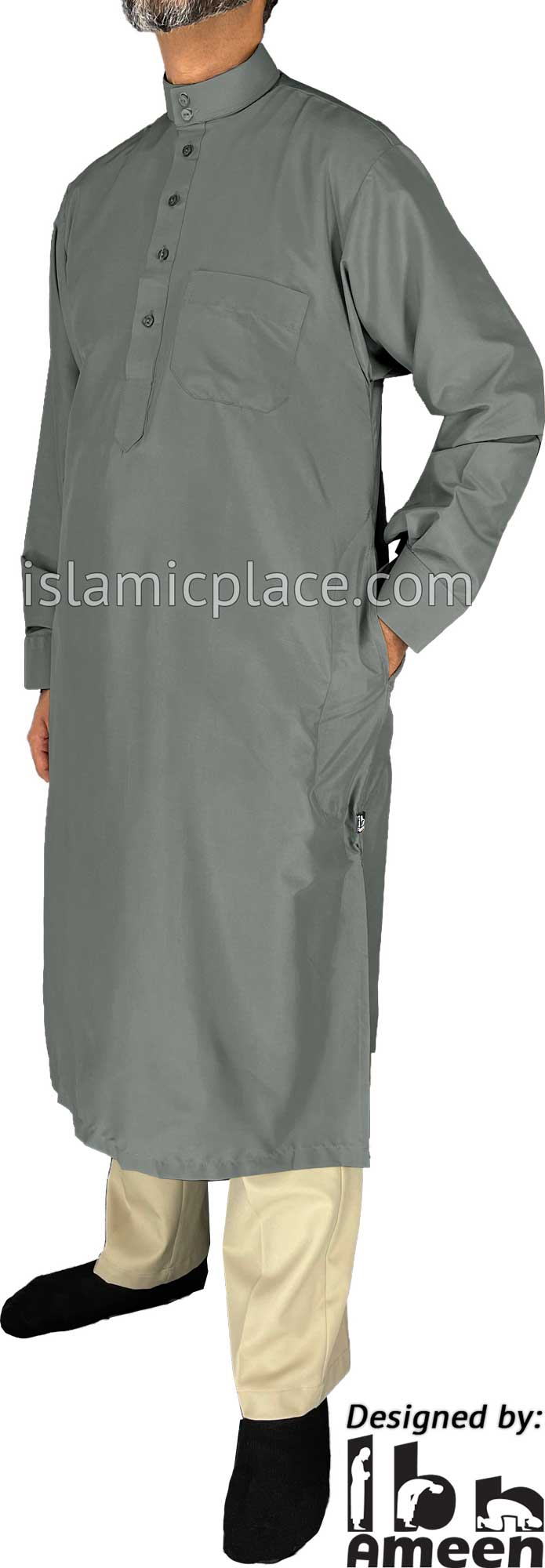 Steel Gray - Men Saudi Ad-Daffah Plain Kameez by Ibn Ameen with Visible Buttons