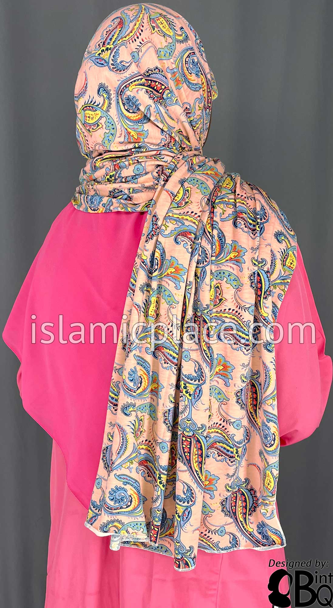 Sky Blue and Yellow Paisley on Pale Pink Base - Print Jersey Shayla Long Rectangle Hijab 30"x70"