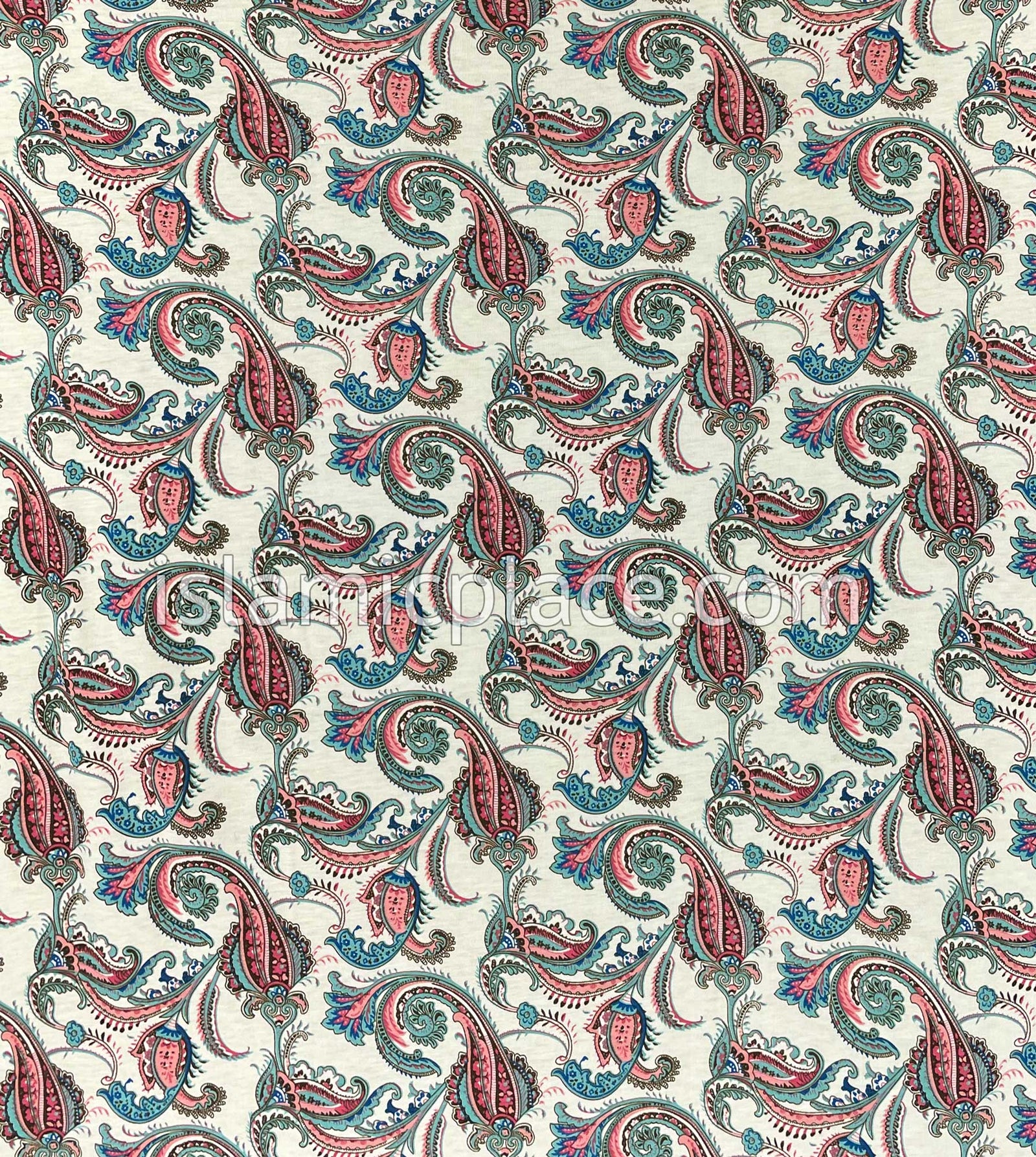 Ocean Green and Pink Paisley on Cream Base - Print Jersey Shayla Long Rectangle Hijab 30"x70"