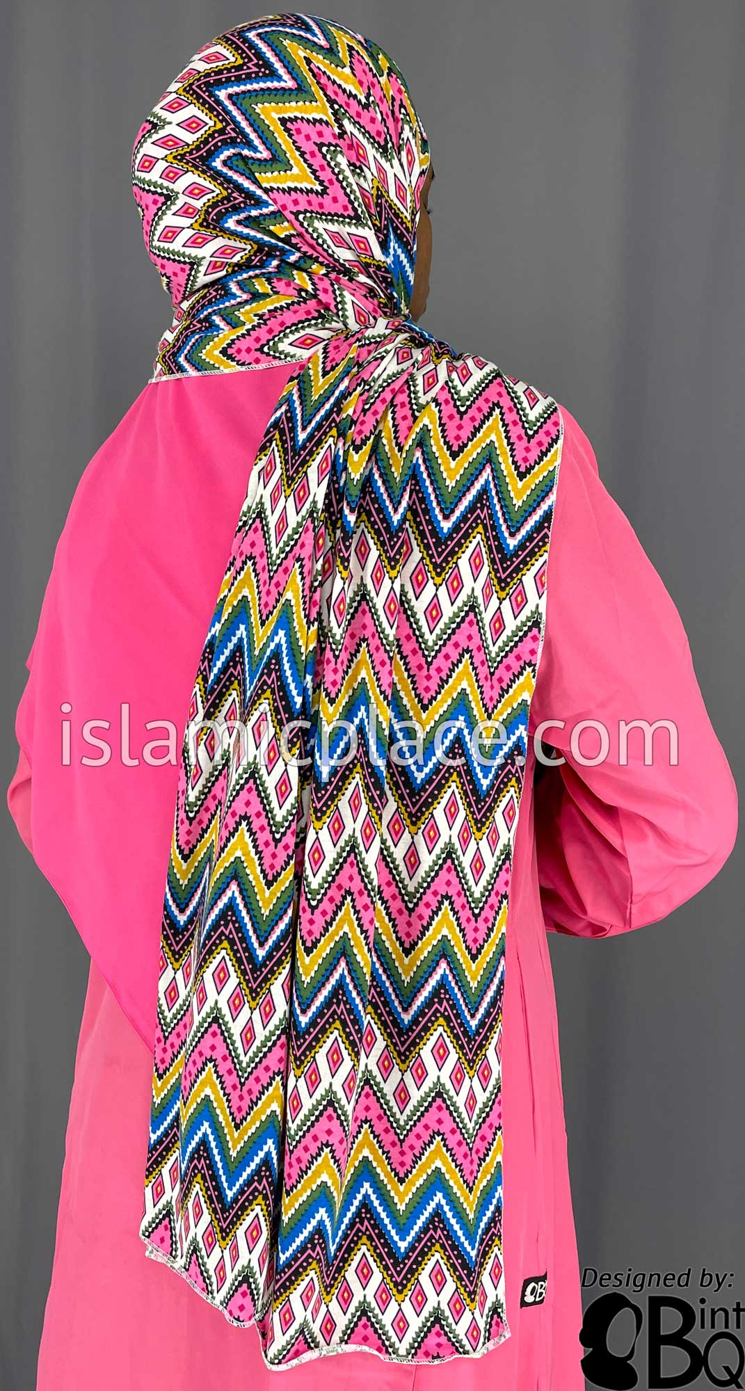 Bubblegum Pink, Mustard and Cobalt Blue Zigzag Design - Print Jersey Shayla Long Rectangle Hijab 30"x70"