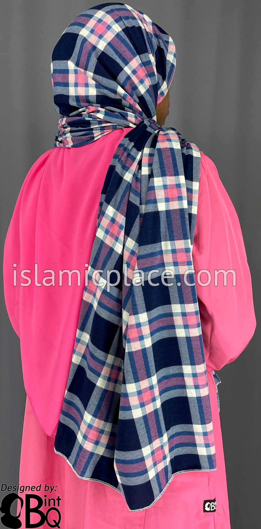 Navy Blue, Off-White and Pink Plaid - Print Jersey Shayla Long Rectangle Hijab 30"x70"