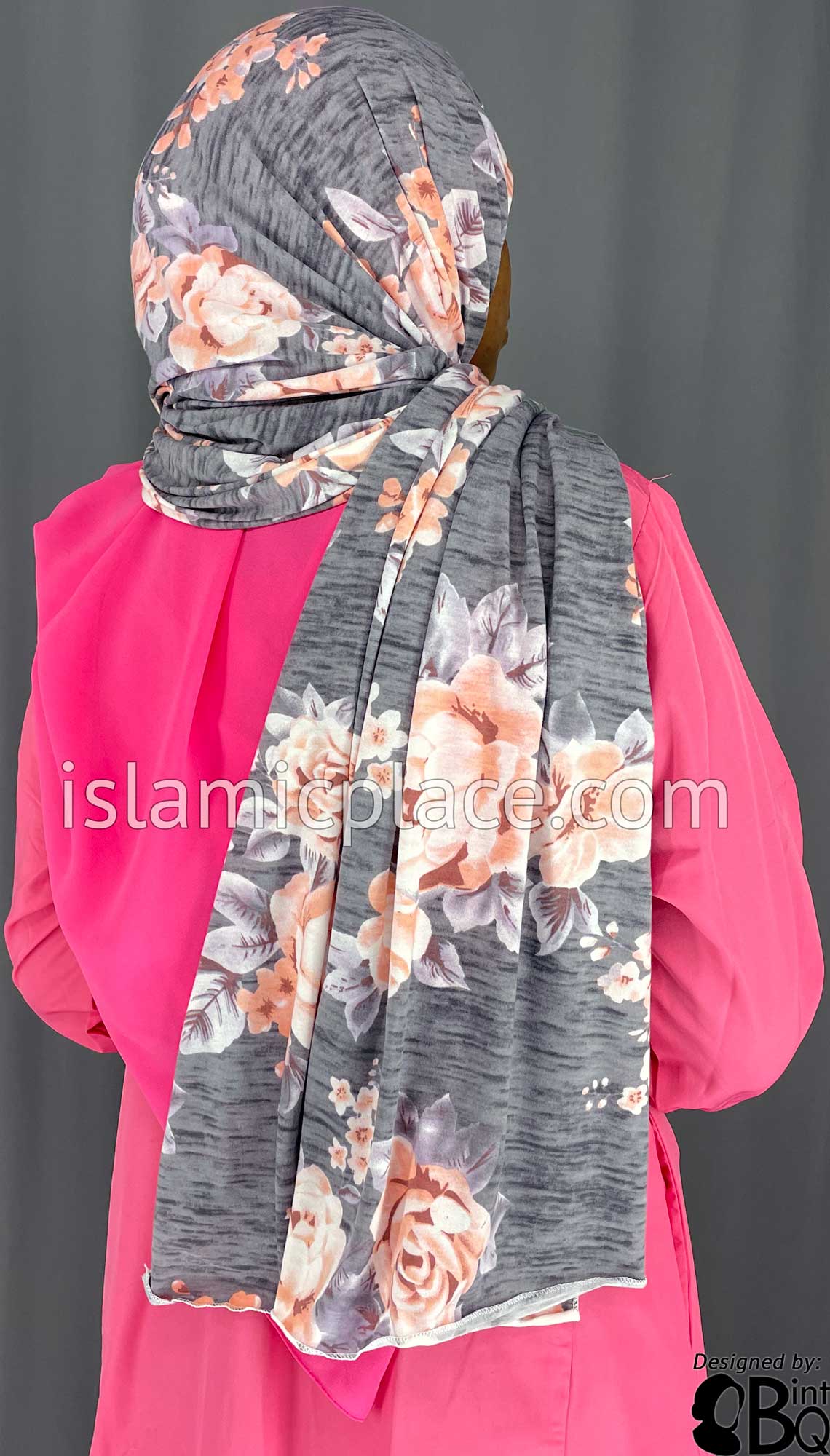 White and Light Coral Floral Design on Gray Base - Print Jersey Shayla Long Rectangle Hijab 30"x70"