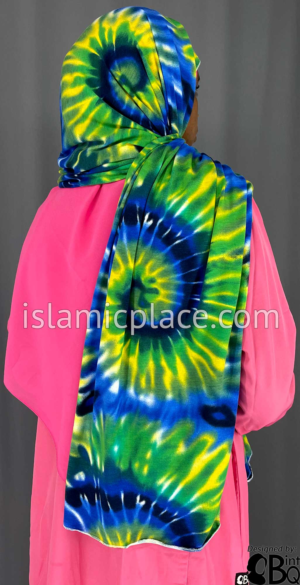 Navy Blue, Green and Yellow Sunbust Tie-Dye Design - Print Jersey Shayla Long Rectangle Hijab 30"x70"