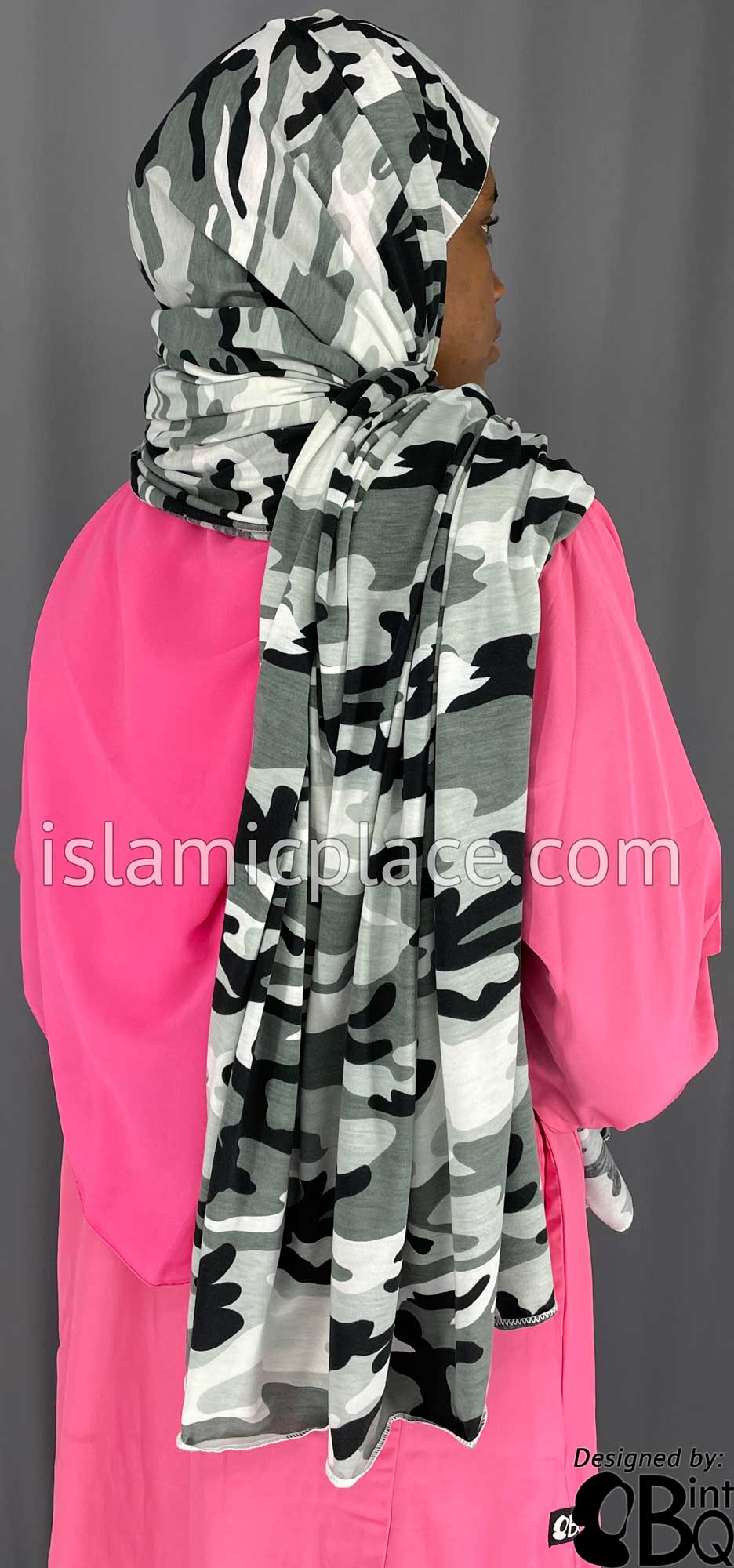 Black, Charcoal Gray and Silver Gray Cameoflage Design - Print Jersey Shayla Long Rectangle Hijab 30"x70"