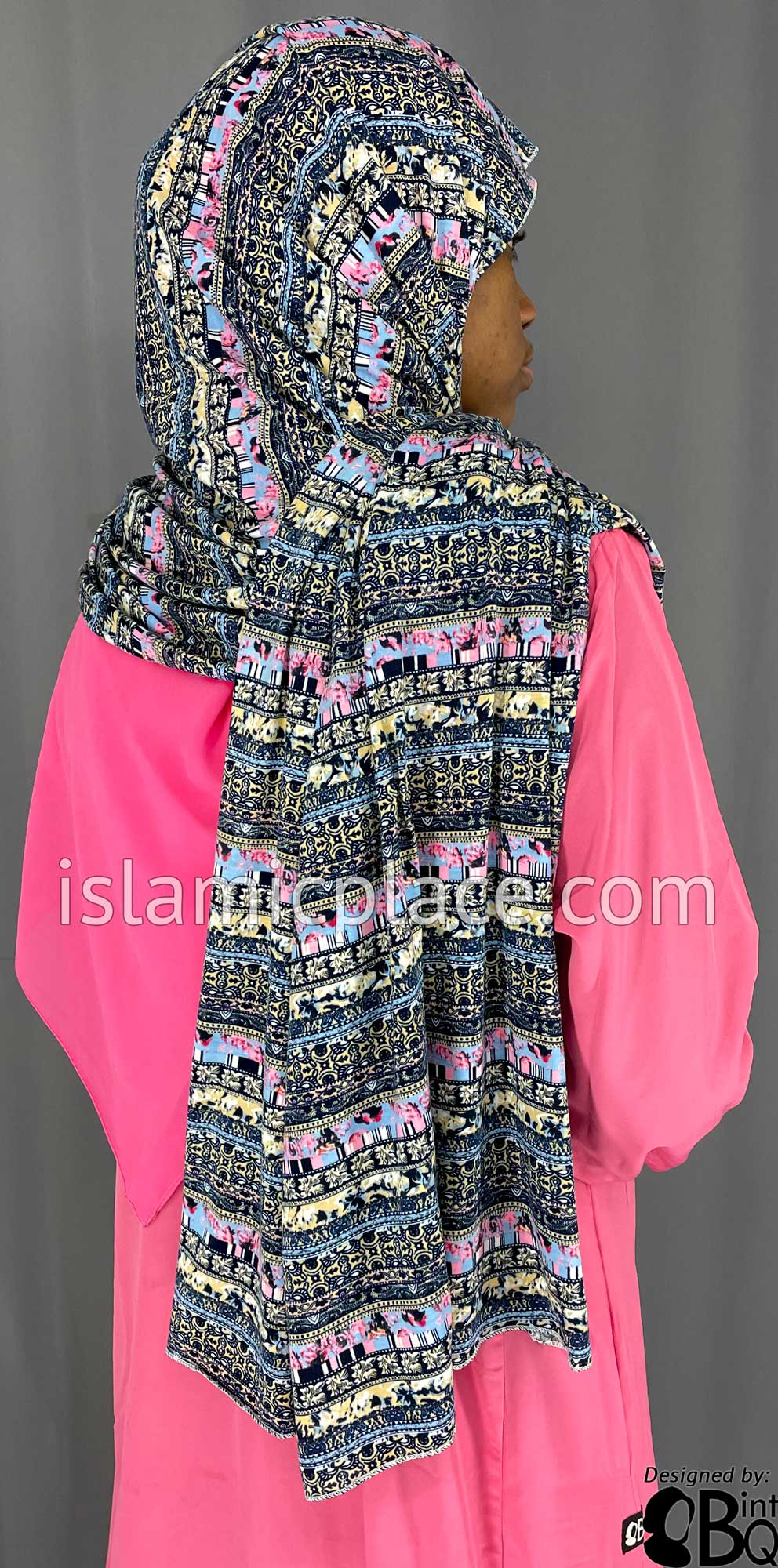 Navy Blue, Tan and Pink Multi Pattern - Print Jersey Shayla Long Rectangle Hijab 30"x70"