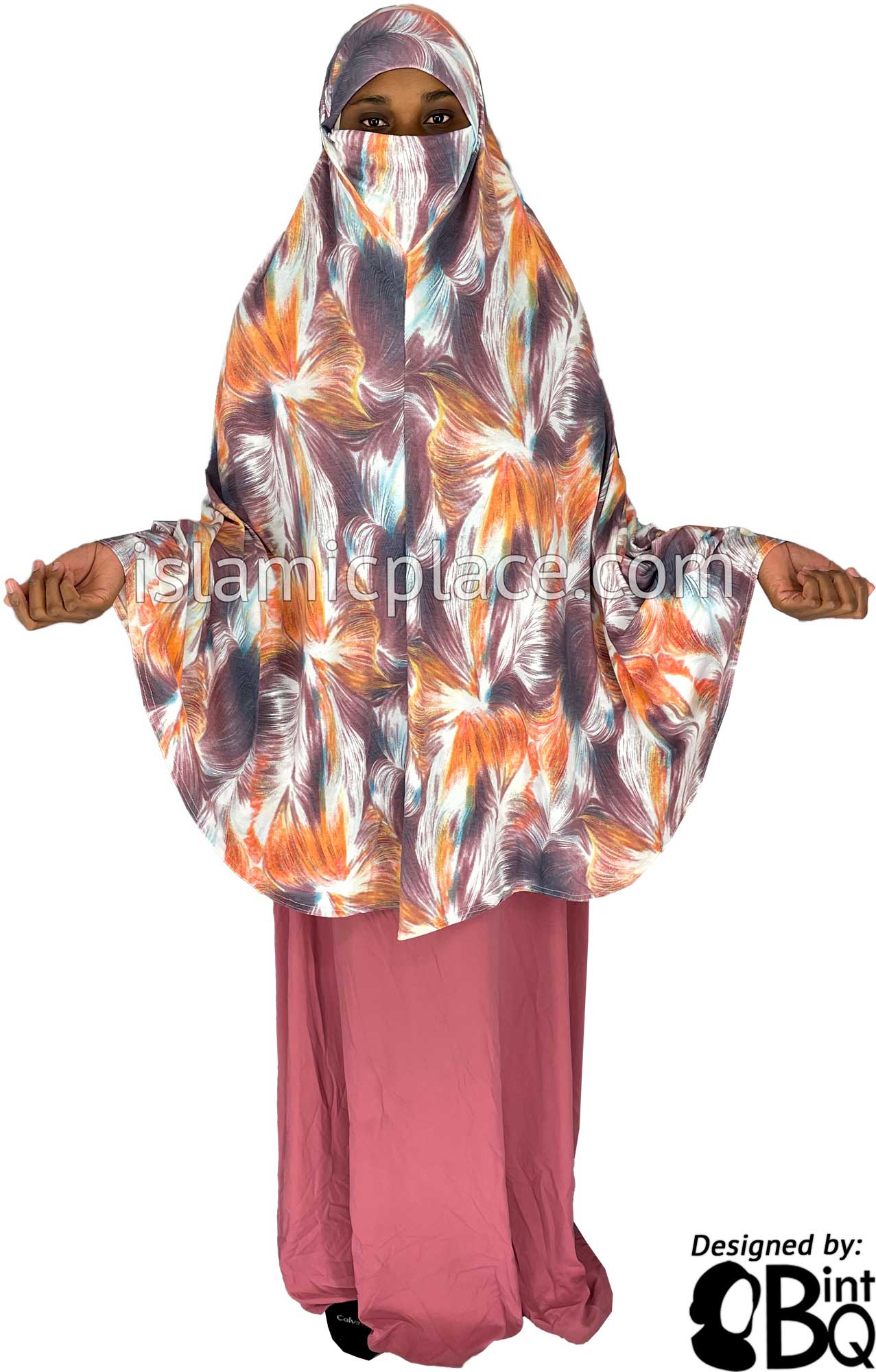 Orange, Mauve, Plum and White Truffula Design - Printed Overhead Khimar - Extra Long Knee Length