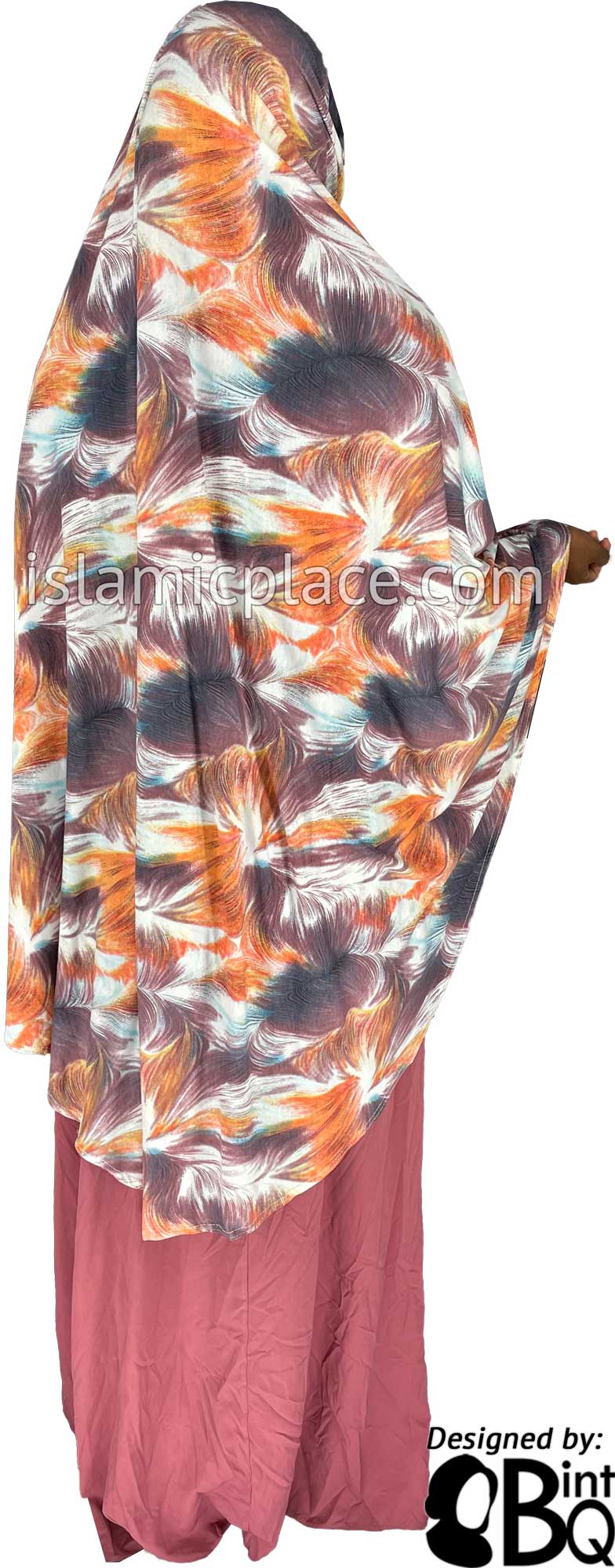 Orange, Mauve, Plum and White Truffula Design - Printed Overhead Khimar - Extra Long Knee Length