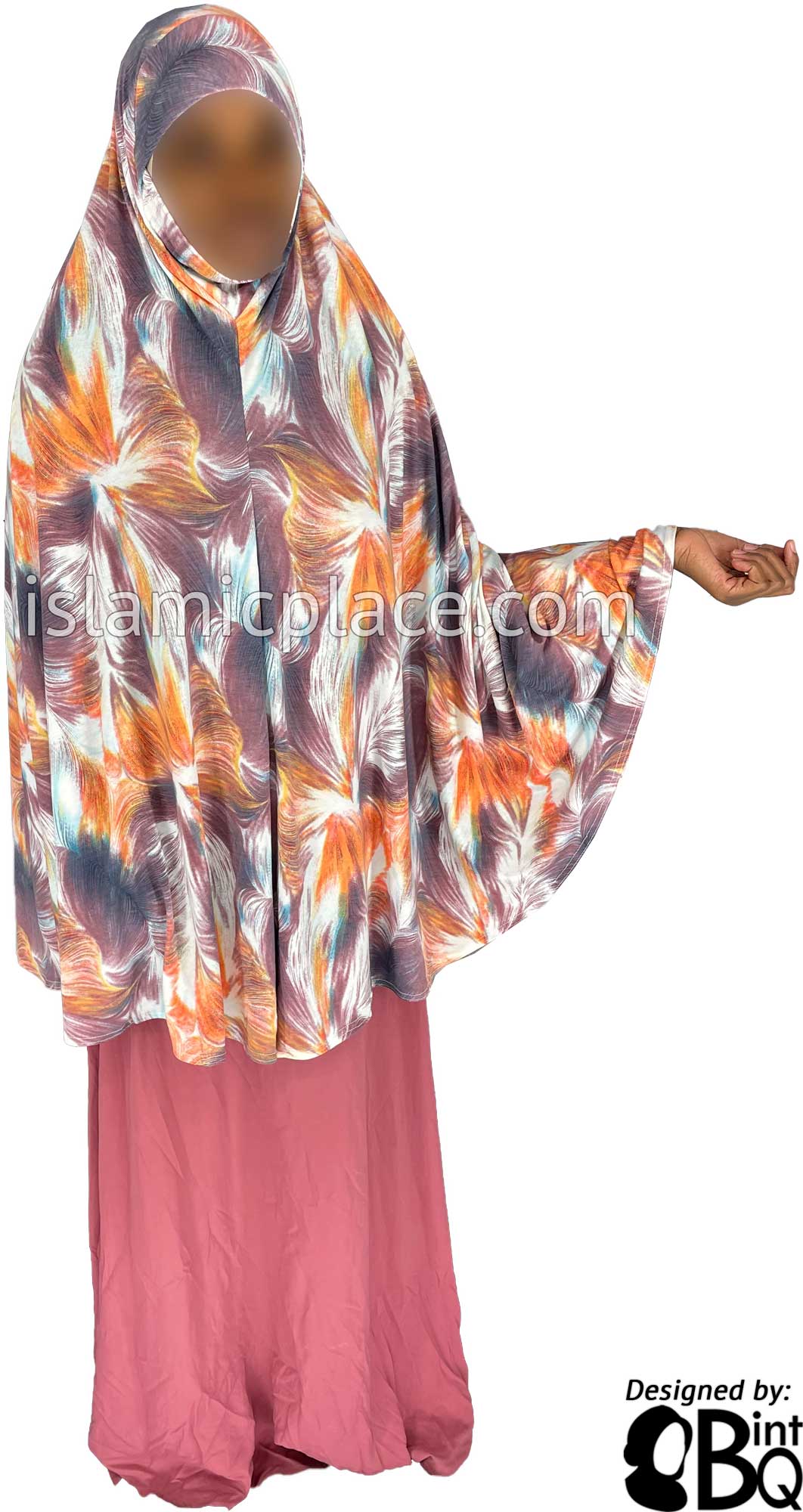 Orange, Mauve, Plum and White Truffula Design - Printed Overhead Khimar - Extra Long Knee Length