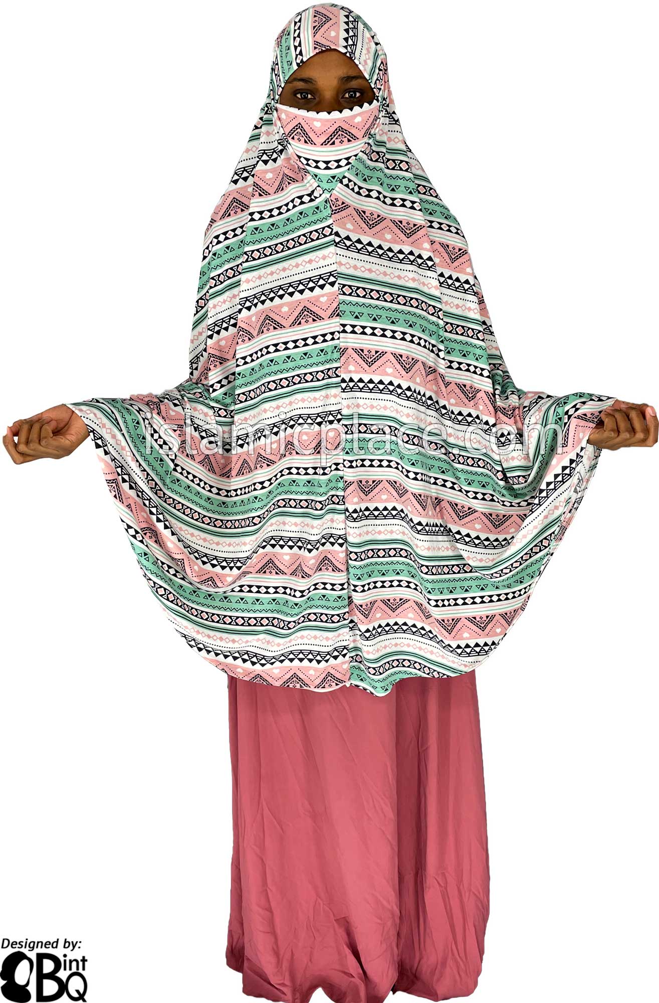Mint Green, Pink and Black Aztec Pattern - Printed Overhead Khimar - Extra Long Knee Length