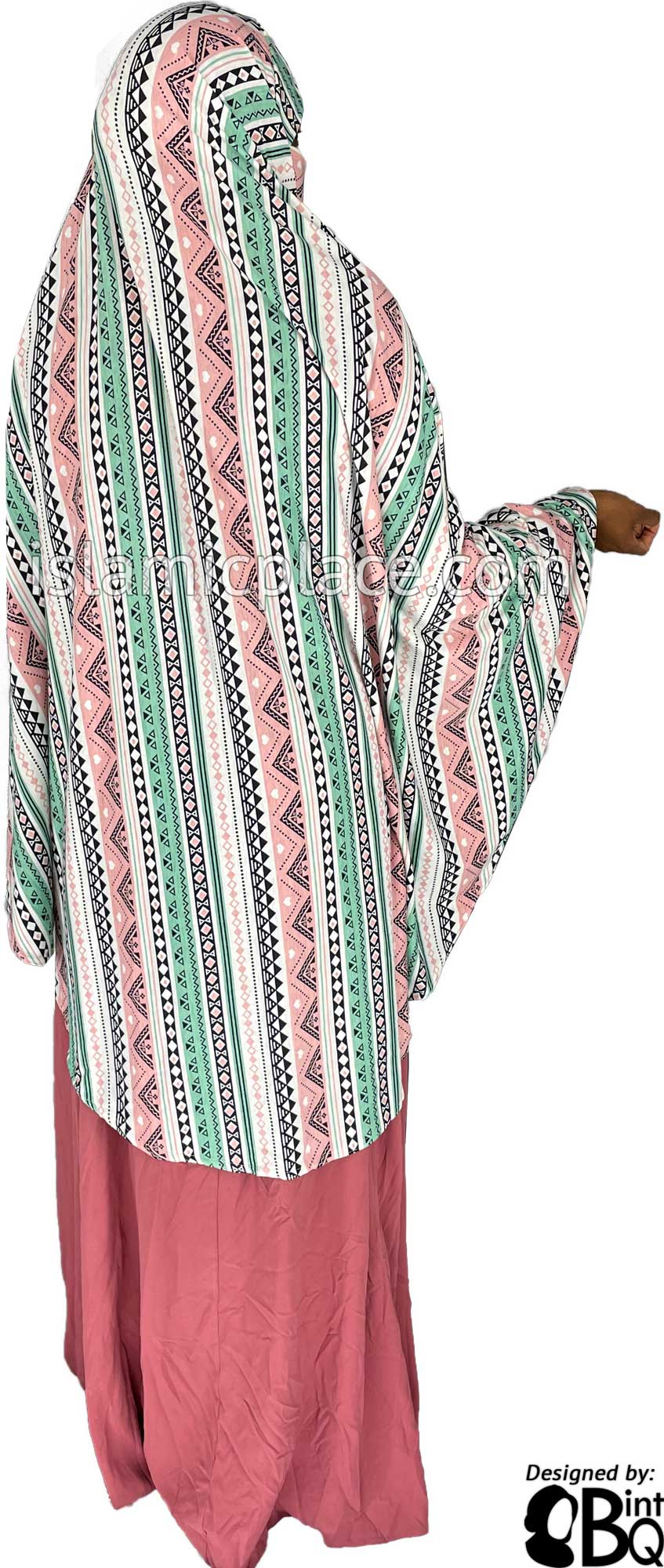 Mint Green, Pink and Black Aztec Pattern - Printed Overhead Khimar - Extra Long Knee Length