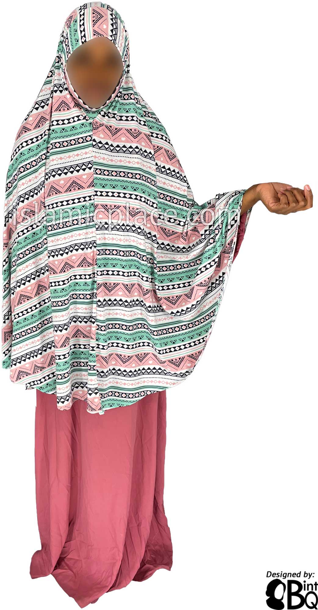 Mint Green, Pink and Black Aztec Pattern - Printed Overhead Khimar - Extra Long Knee Length