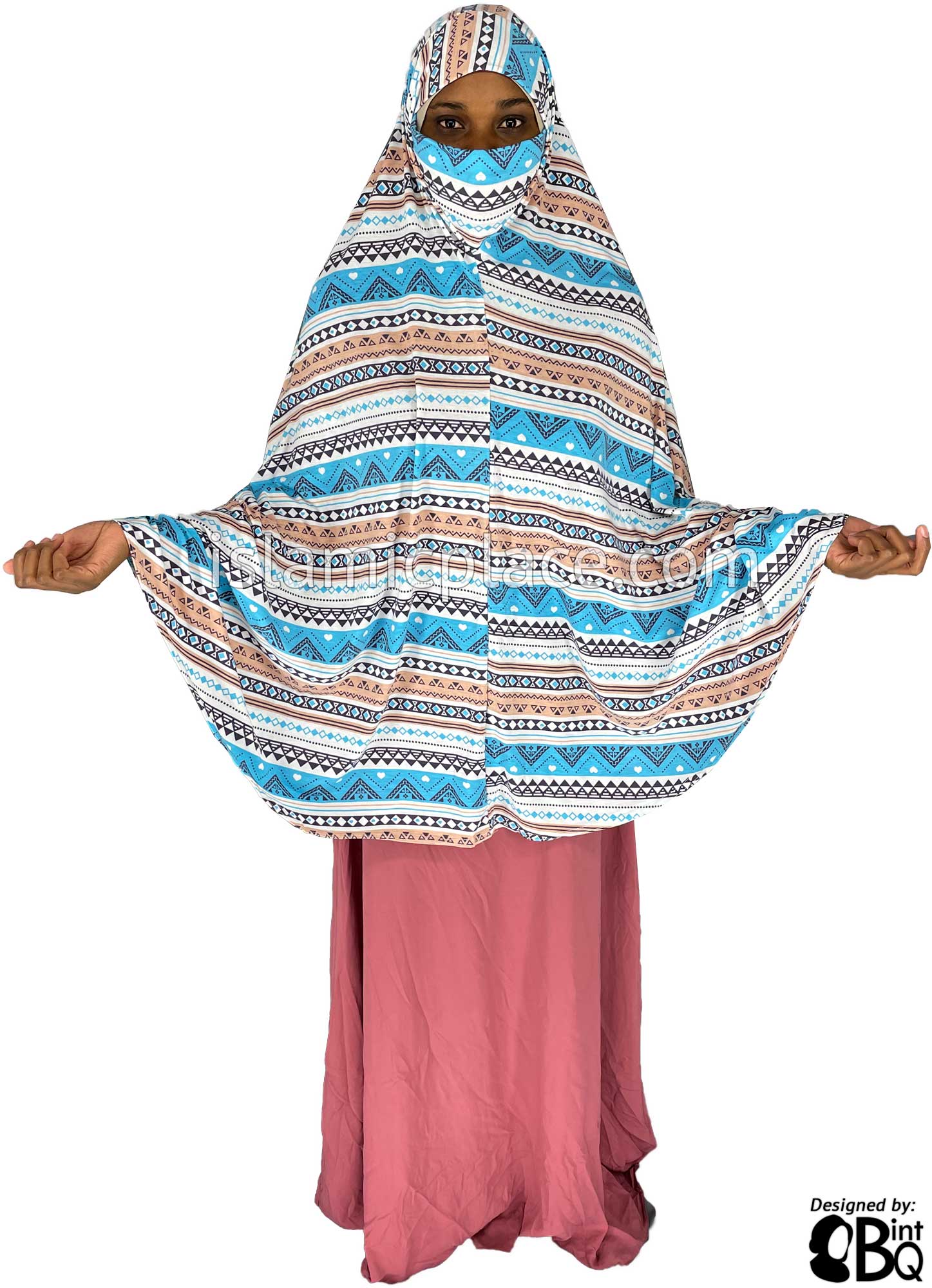 Aqua Blue, Chai and Plum Aztec Pattern - Printed Overhead Khimar - Extra Long Knee Length