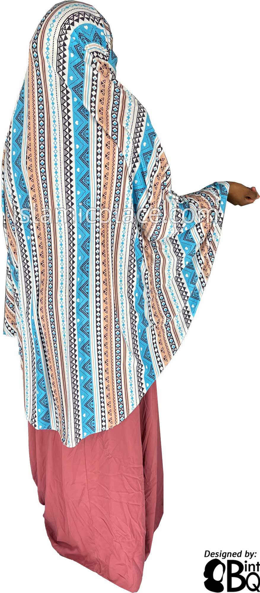 Aqua Blue, Chai and Plum Aztec Pattern - Printed Overhead Khimar - Extra Long Knee Length