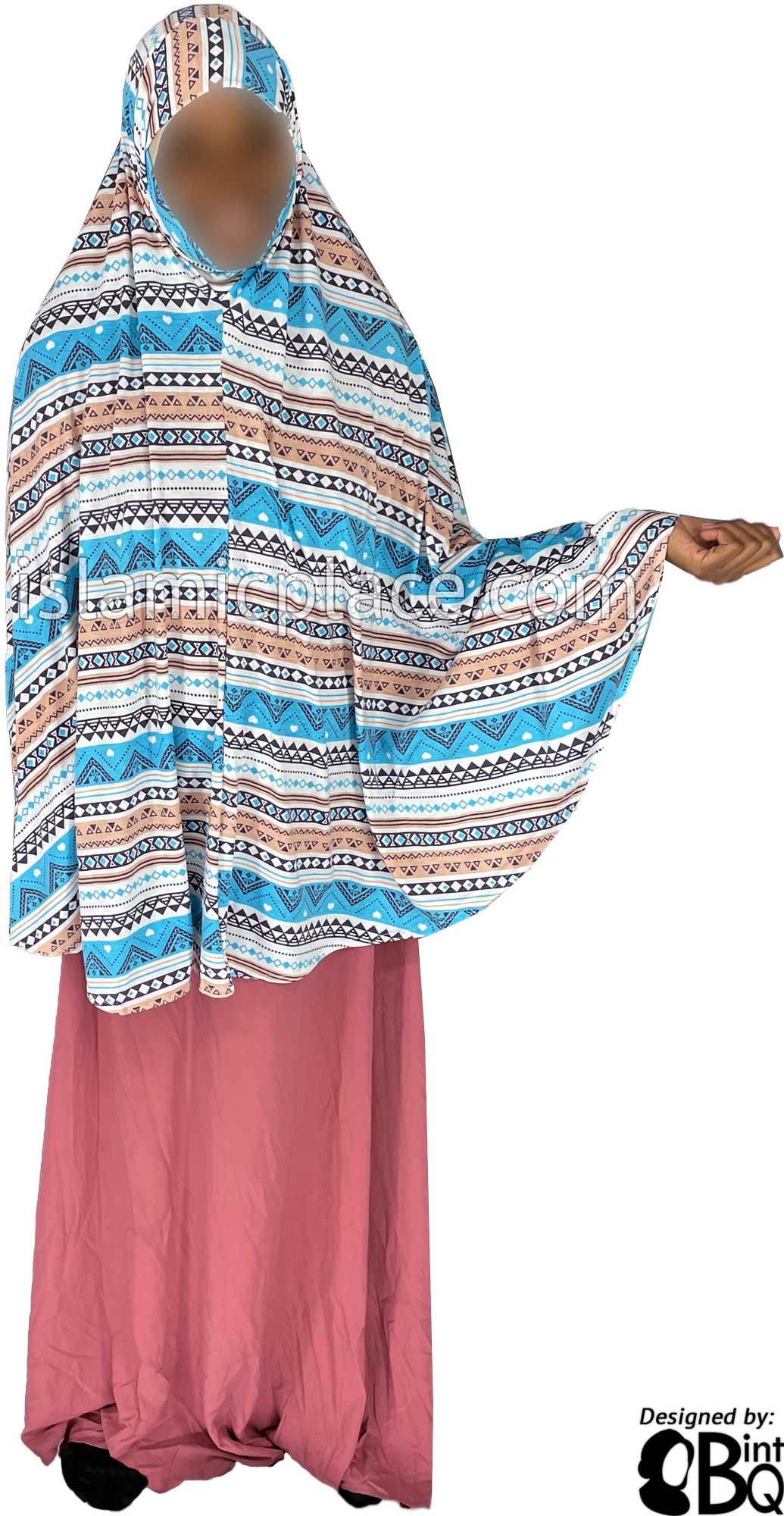 Aqua Blue, Chai and Plum Aztec Pattern - Printed Overhead Khimar - Extra Long Knee Length
