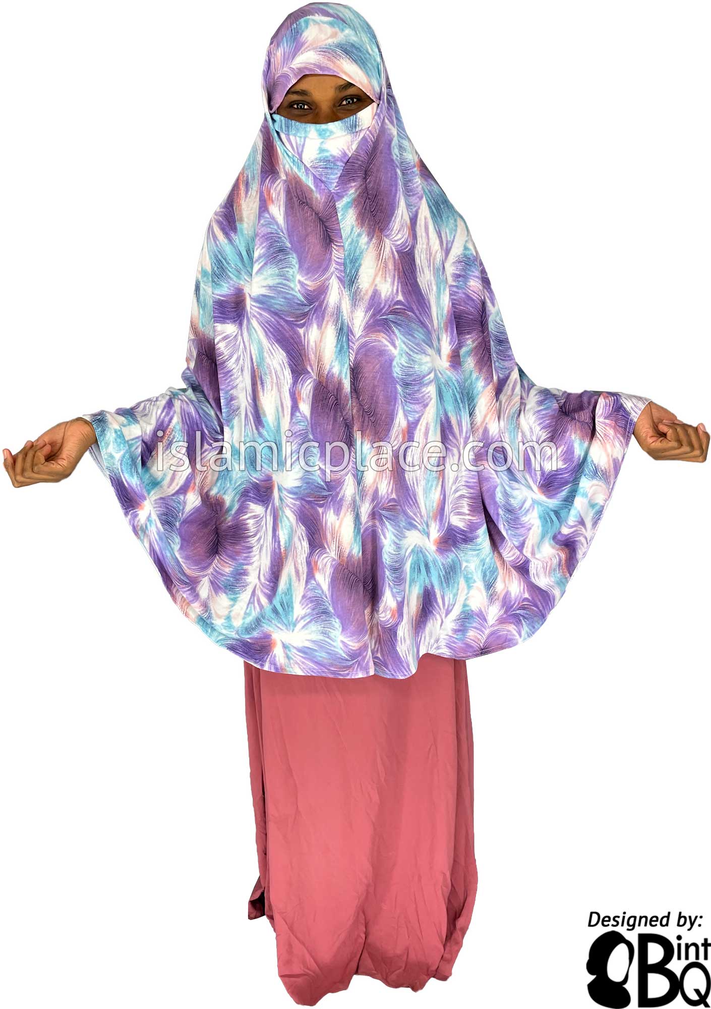 Purple, Sky Blue and White Truffula Design - Printed Overhead Khimar - Extra Long Knee Length