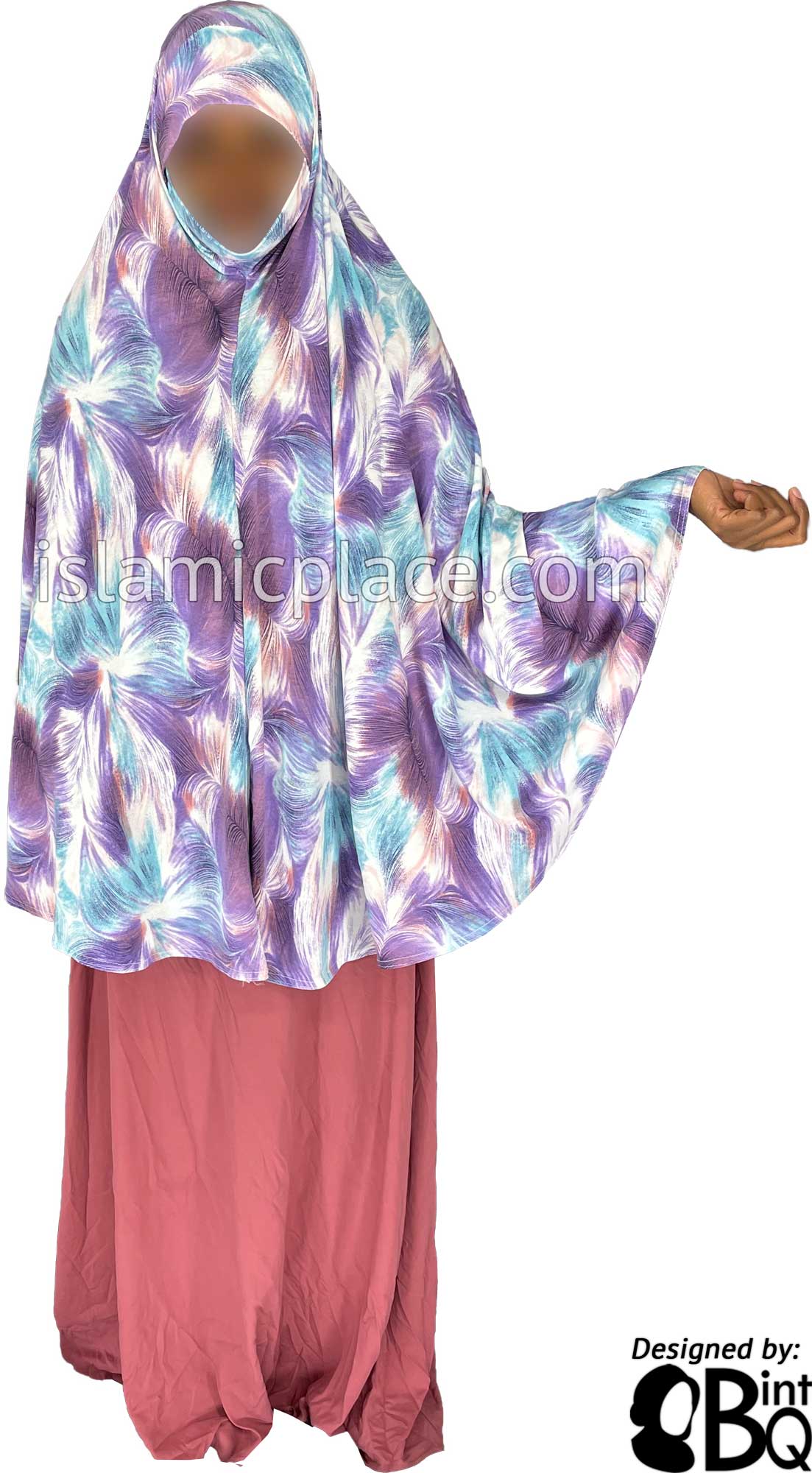 Purple, Sky Blue and White Truffula Design - Printed Overhead Khimar - Extra Long Knee Length