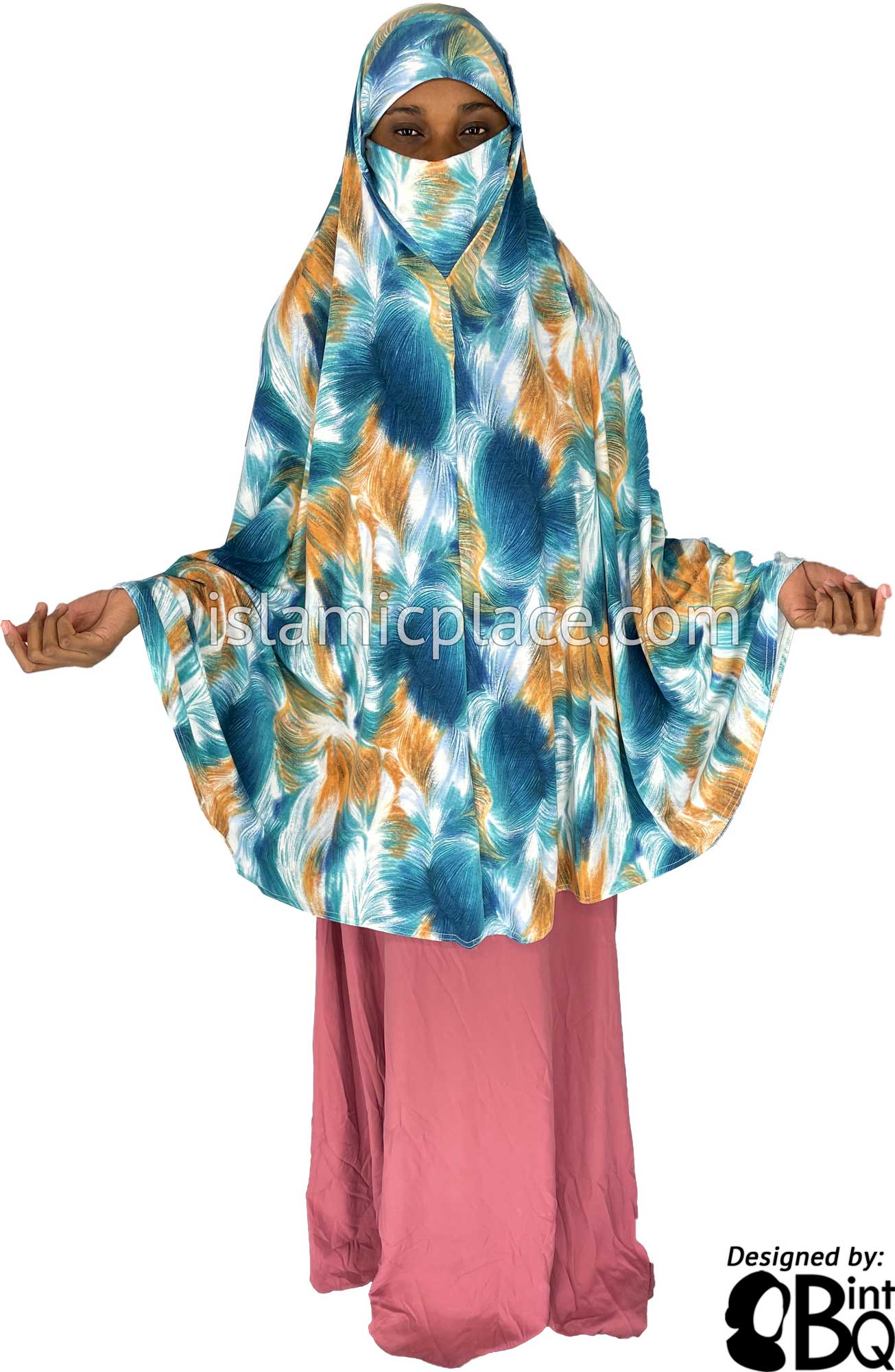 Teal Blue, Rust and White Truffula Design - Printed Overhead Khimar - Extra Long Knee Length