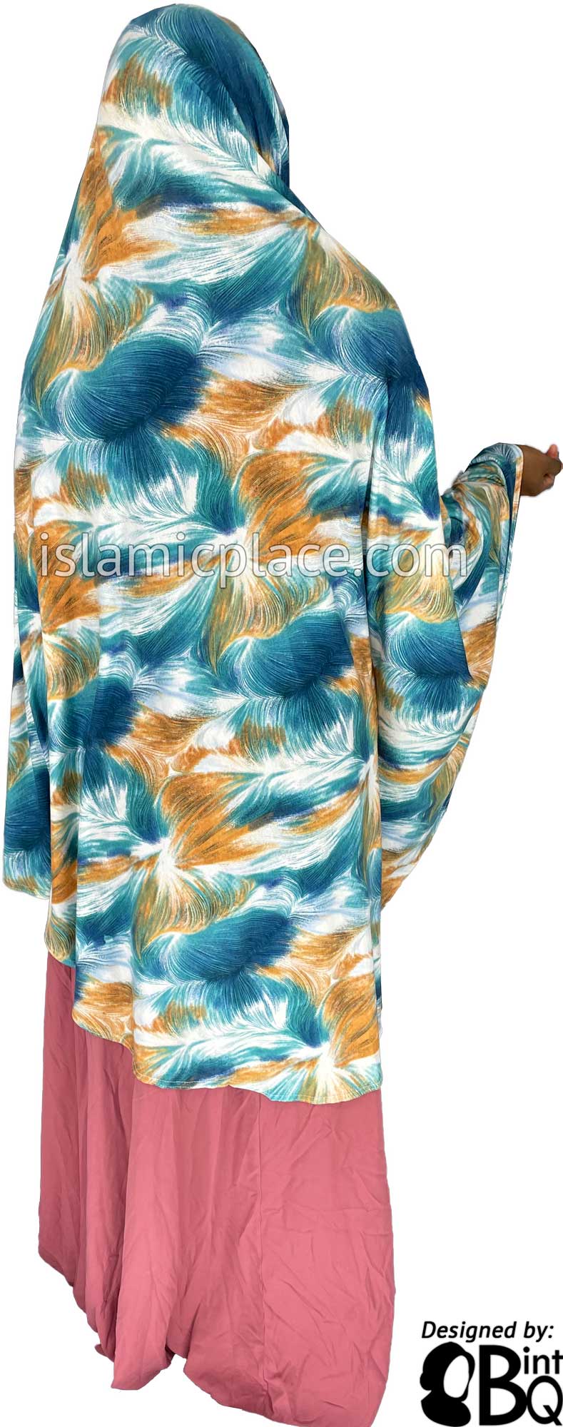 Teal Blue, Rust and White Truffula Design - Printed Overhead Khimar - Extra Long Knee Length