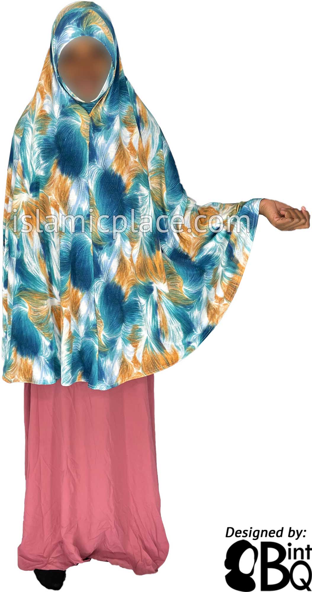Teal Blue, Rust and White Truffula Design - Printed Overhead Khimar - Extra Long Knee Length