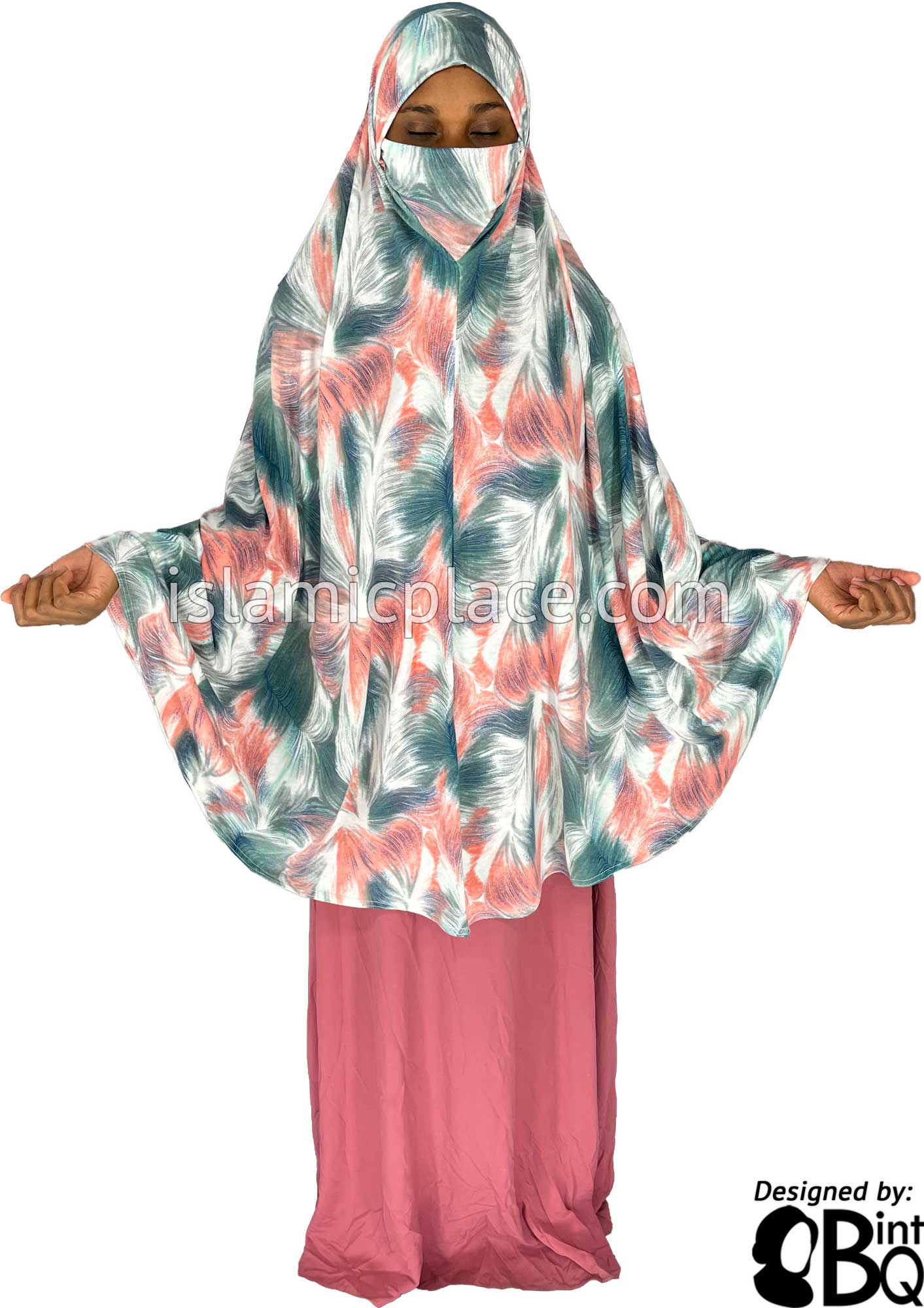Coral, Ocean Green and Navy BlueTruffula Design - Printed Overhead Khimar - Extra Long Knee Length